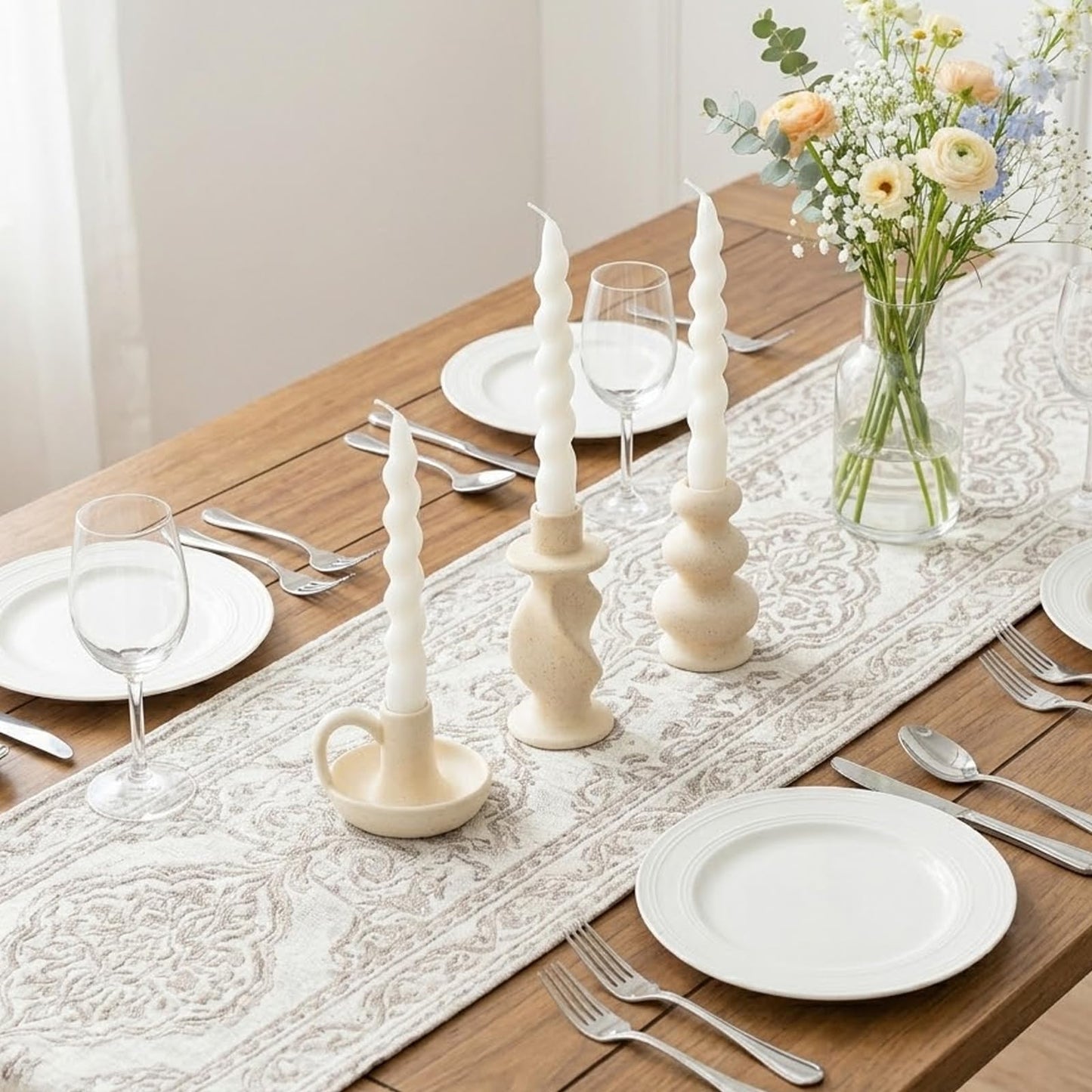 CabyGift Ceramic Taper Candle Holders Set of 3, Cream White Candlestick Holder Nordic Modern Decorative Candle Stand for Home Decor, Dining Table Centerpiece, Housewarming Gift