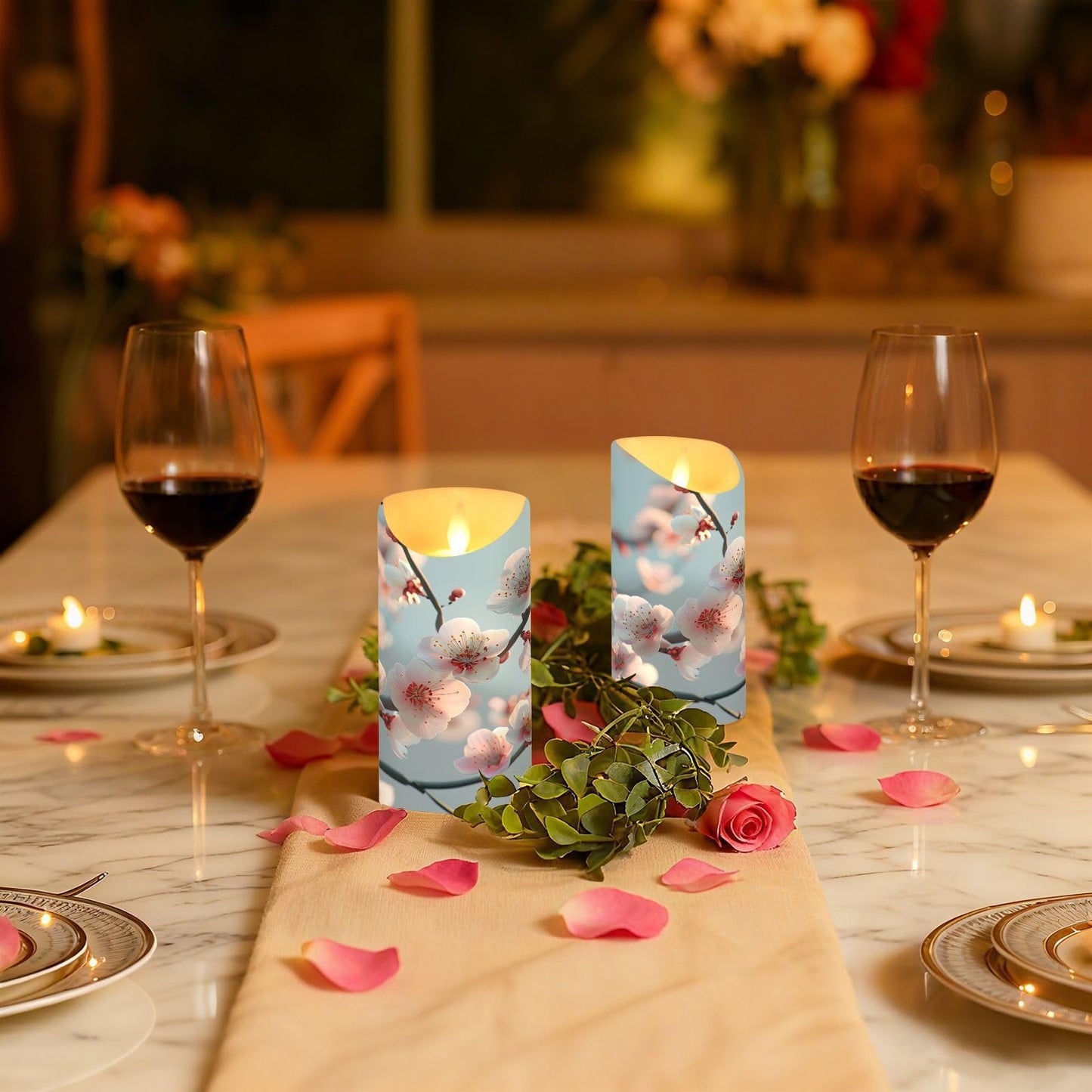 ALAZA Spring Pink White Flower Branches Flickering Flameless Candles Battery Operated with Remote Timer,Tea Light Candles LED Pillar Votive Set of 2 for Outdoor Indoor Decorations 3" x5.9"