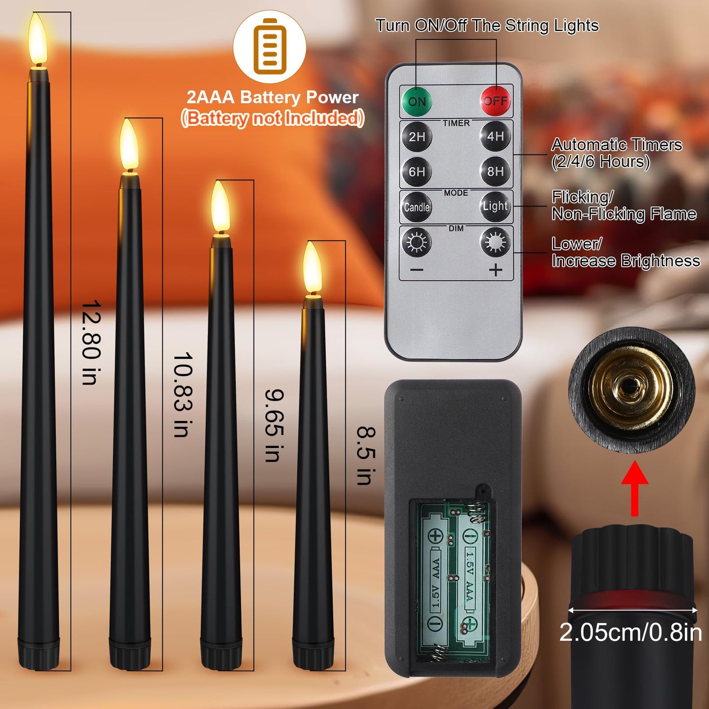 Rossesay 16 Pcs Black Flameless Taper Candles Battery Operated Candles with Remote Timer 8.5" 9.6" 10.8" 12.8" Multiple Sizes Black LED Flickering Candlestick for Wedding Centerpieces Party Decor