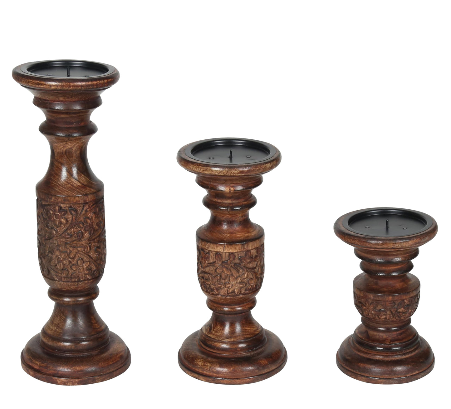 Hand Carved Wooden Pillar Candle Holders - Set of 3 |Carving Decorative Style | Crafted from Mango Wood | Rustic Table Centerpiece Decor | Sized 6", 9" and 12" - Dark Burnt