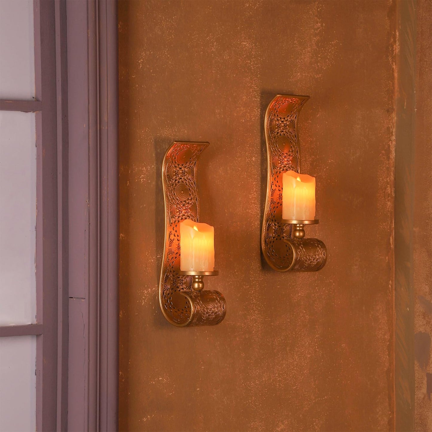 Capesaro Wall Candle Sconce Set of 2,Gold Metal Wall Mount Candle Holder，Spanish Baroque Hollow Carving Wall-Mounting Sconces for Living Room, Bathroom, Dining Areas,Hallways Decorations