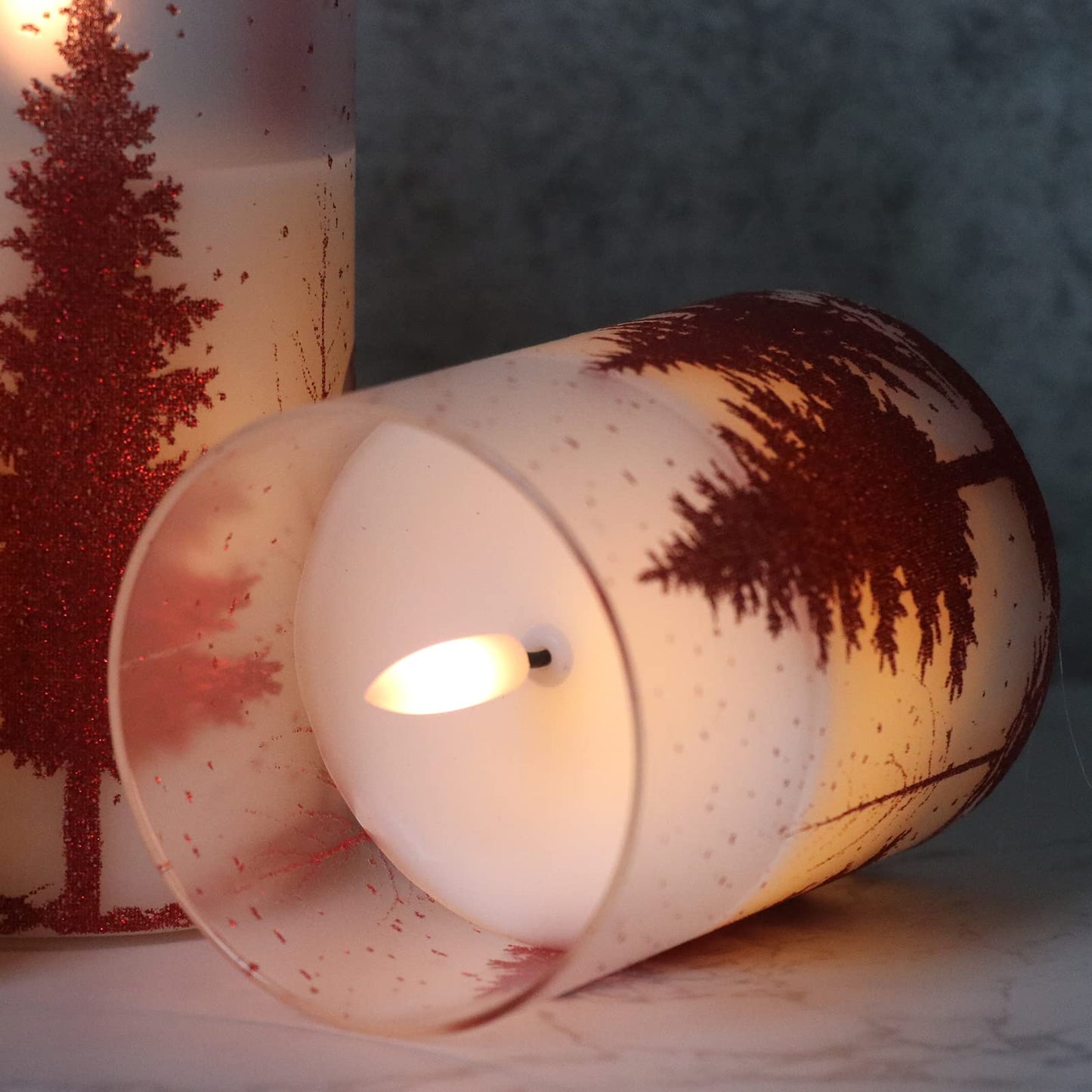 Wondise Glass Flameless Candles with Remote and Timer, Battery Operated Pine Tree Decals Pillar Candles for Home Decoration, Set of 3(D3 x H4/5/6 Inch)