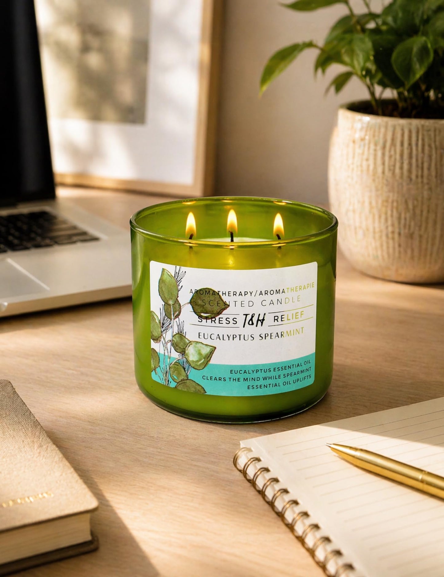 Eucalyptus Spearmint Scented Candle | 15.8 oz Large 3 Wick Soy Candle | Soothing Aromatherapy Candle for Home | Fresh Mint Spa Scent | Long Lasting Clean Burn | Relaxation & Yoga Gift for Women & Men