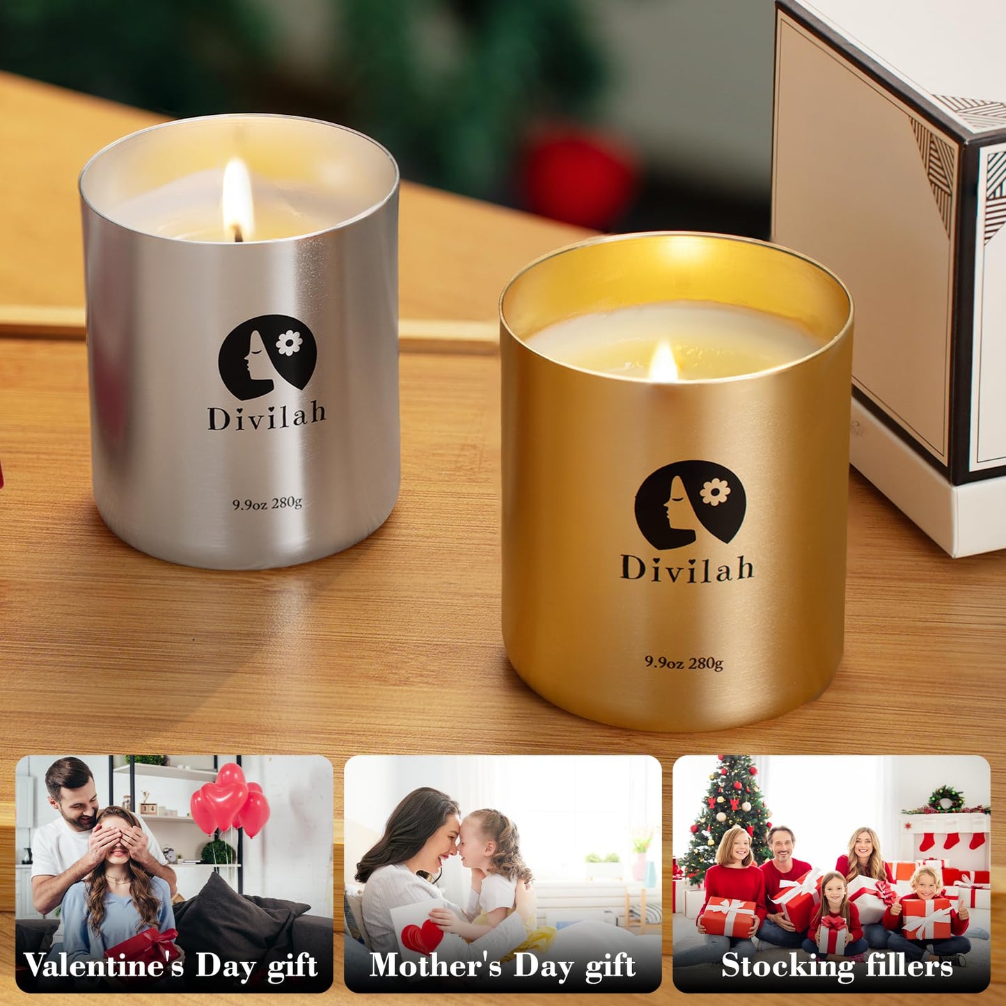Divilah English Pear&Freesia Scented Candles, 65 Hour Long Lasting Non Toxic Natural Soy Wax in Silver Aluminum Jar, Luxury Large Home Decorative Scented Candle, Aromatherapy Gift for Women, Men,9.9oz