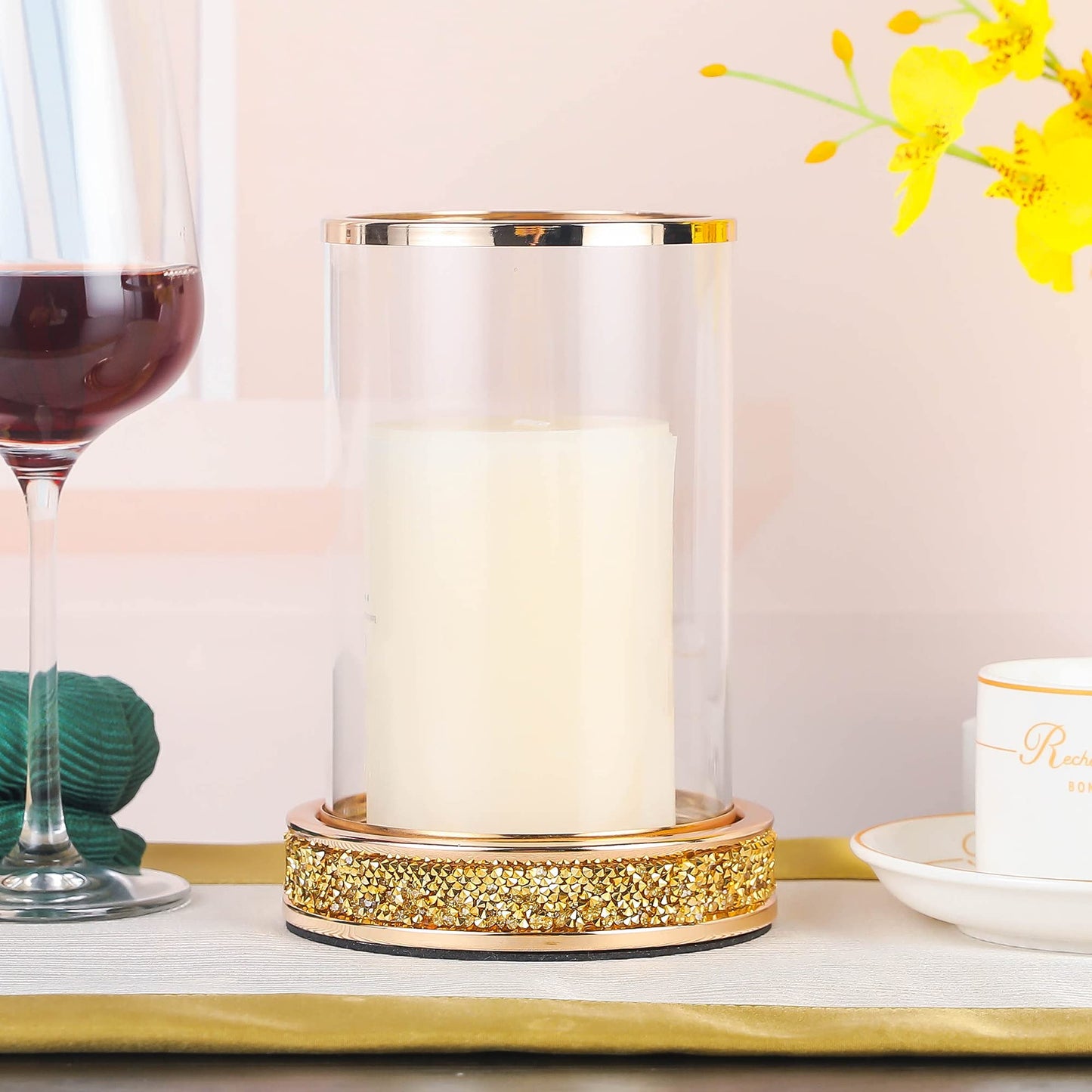 Pillar Candle Holders Set of 2,Hurricane Candle Holders,Candlesticks Holder With Glass Hurricane Lid,Metal Candle Holder For Coffee Dining Table, Wedding, Christmas, Home Decoration,Gold Candle Holder