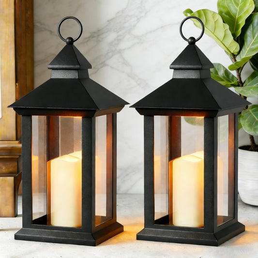 JOIONE Lanterns Decorative Indoor, 2 Packs 14" Battery-Powered Waterproof Black LED Candle Lanterns with Timer for Patio & Outdoor, Vintage Hanging Lantern for Home Decorations, Transparent
