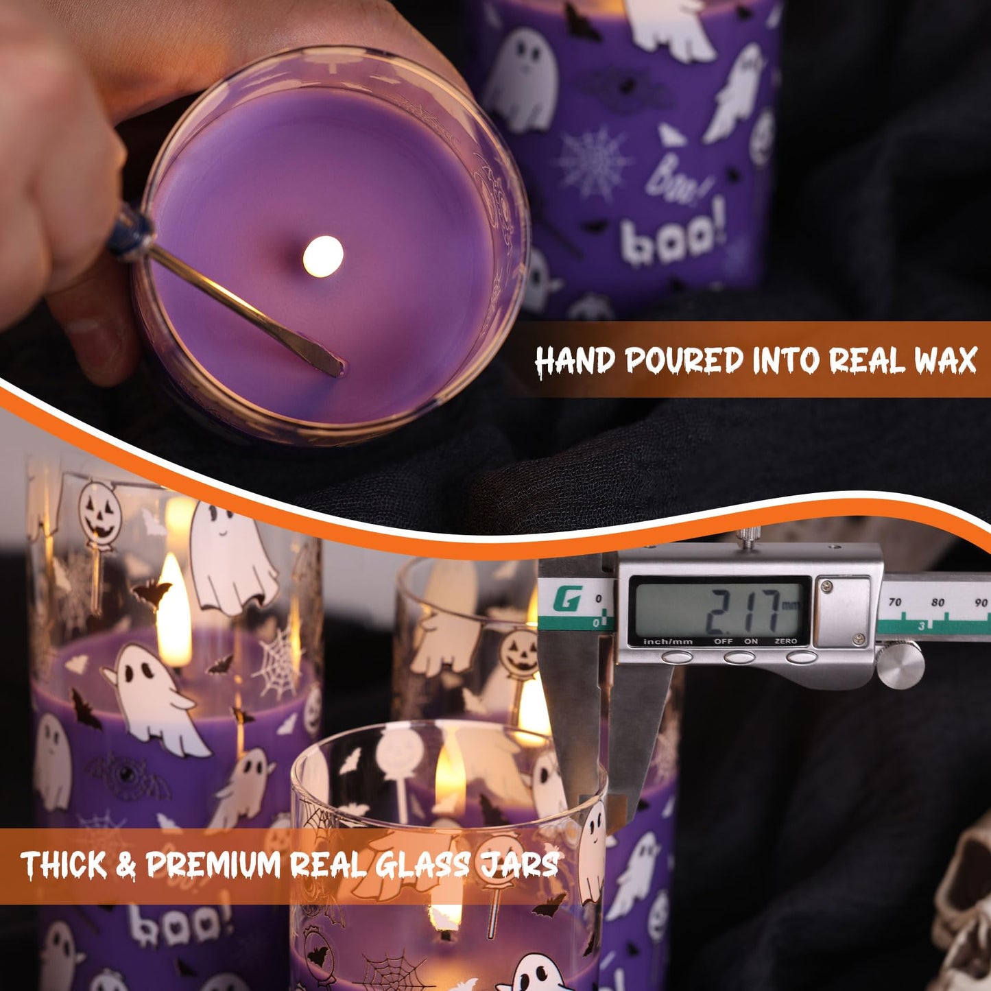 Girimax Purple Glass Flameless Pillar Candles with Remote, Halloween Flickering LED Wax Candles Battery Powered Set of 3