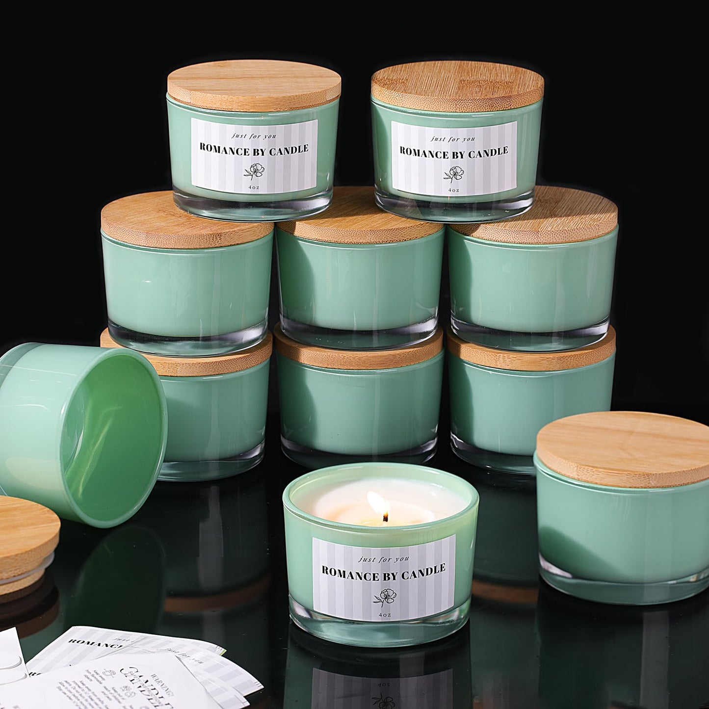 REISEN 12 PCS Green Candle Jars for Making Candles, 4 OZ Glass Jars with Bamboo Lids and Sticky Warning Labels, Candle Containers for DIY Gifts, Candle Making Supplies