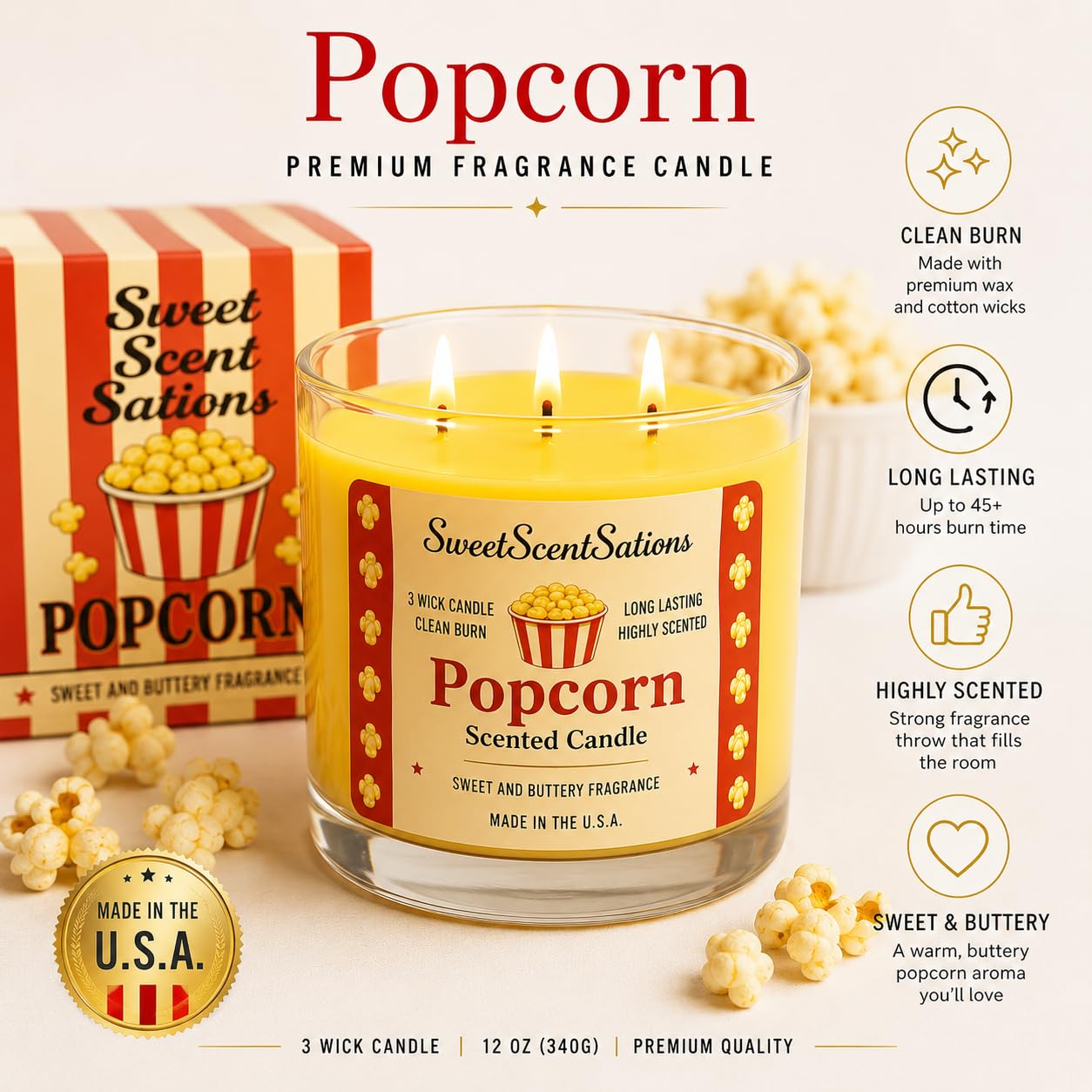 SweetScentSations Popcorn Scented Candle – Salted Butter Popcorn Aroma | Soy Wax Long Burning Candle for Home | Fun Snack-Inspired Candle Gift for Movie Lovers