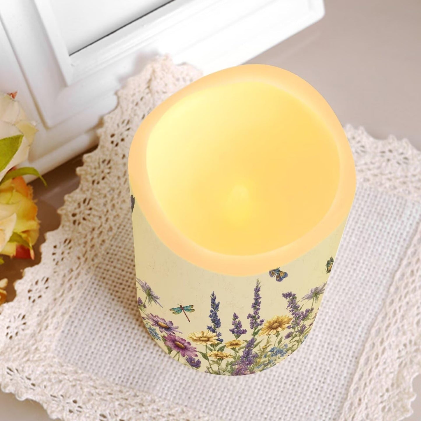 Cozeyat Wildflowers Flameless Candles 4 Pack Battery Operated with Remote Timer LED Pillar Candles Flickering Waterproof for Indoor Outdoor Party