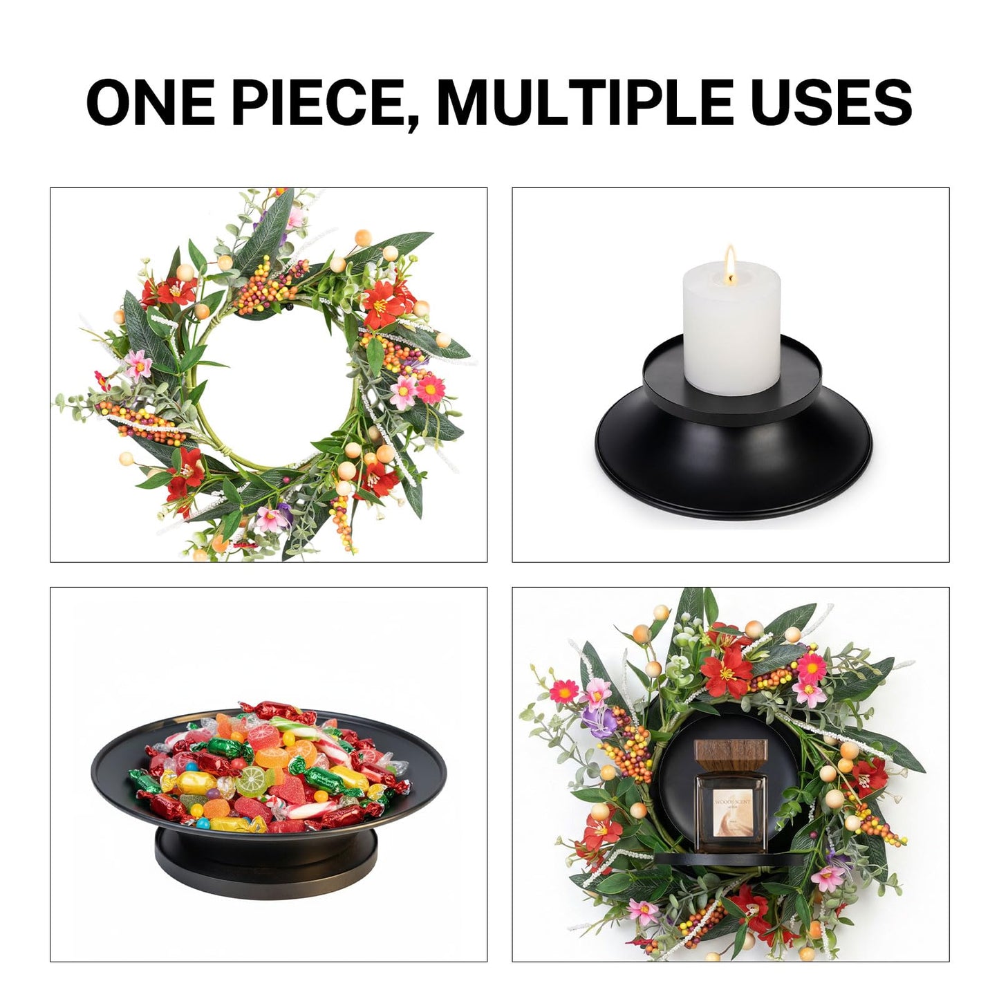 MOYEE Summer Candle Holder Centerpieces for Tables,Candle Ring, Black Metal Candlestick with an Artificial Wreath 14 in Versatile Dining Table Centrepiece (Autumn-Themed Flower and Fruit Wreath)