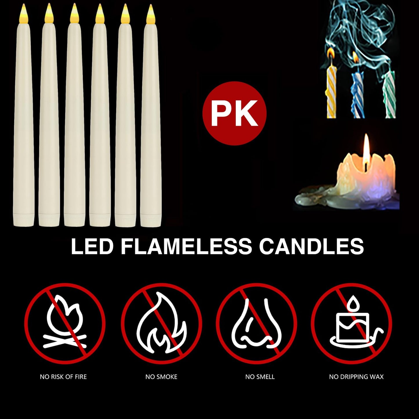Flameless Taper Candles with Remote Control and Timer, Battery Operated LED Candlesticks with Flickering 3D Flame, 9.6×0.8 Inches Plastic Fake Candles for Christmas, Wedding and Home Decor (Ivory, 15)