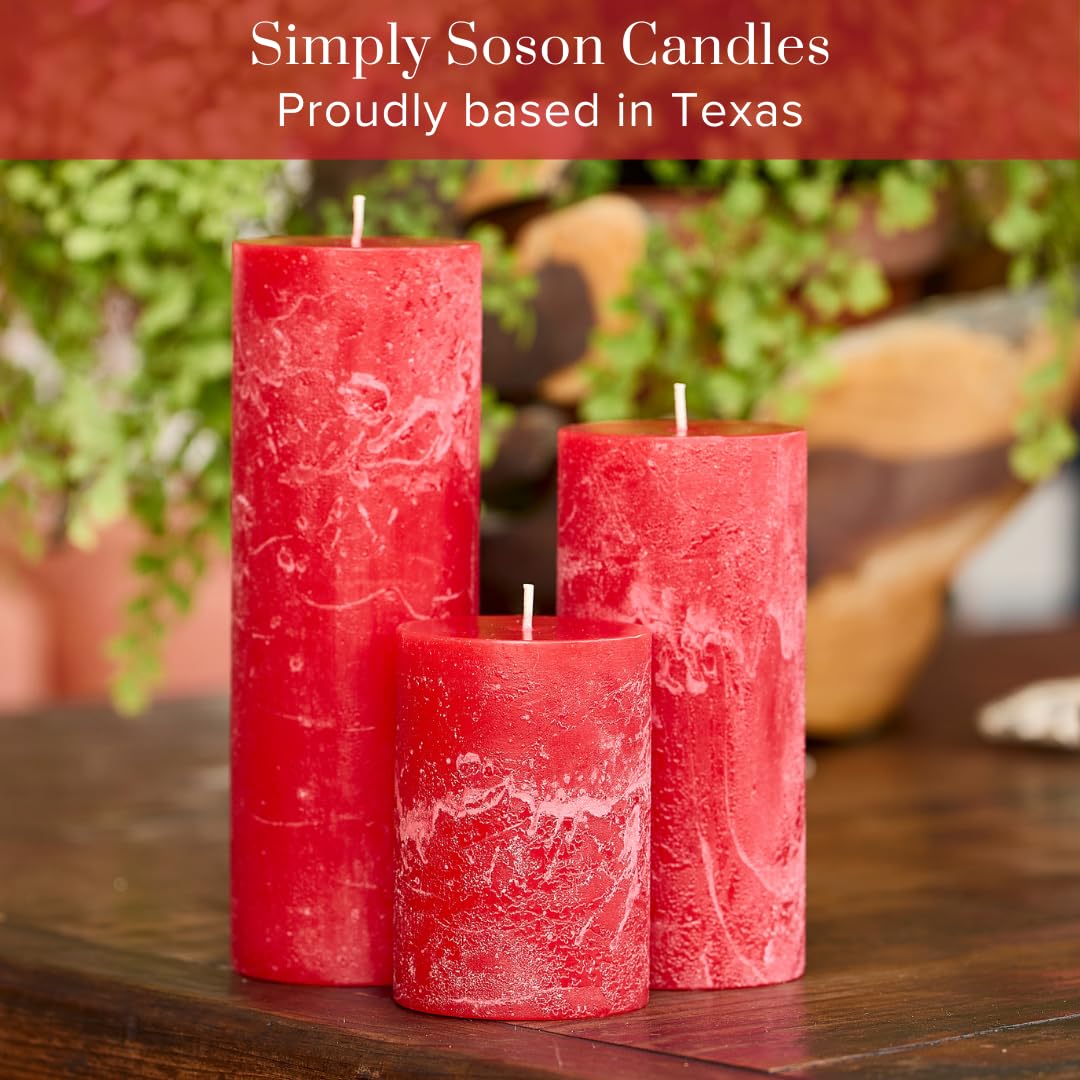 Simply Soson 3x4, 3x6, 3x8 inch Red Pillar Candles, Set of 3 Pillar Candles, Rustic Texture, Unscented Red Candles, Dripless Candles, Ideal as Wedding, Parties, Spa, Dinner, Home Decor, Church
