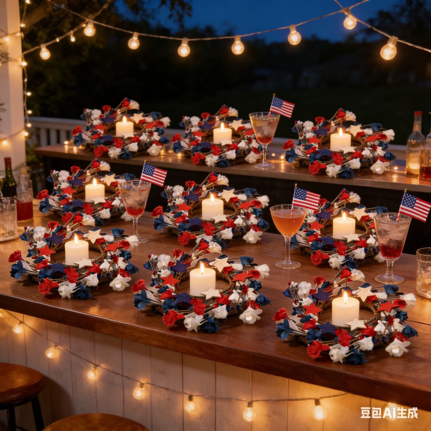 8 Pcs Mini 4th of July Candle Ring Wreaths Patriotic Red White and Blue Artificial Pillar Candle Holder Wreath for Farmhouse Independence Day Memorial Day Porch Front Door Cabinets Table Decoration