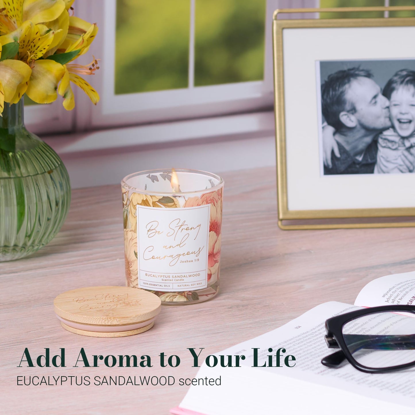 Christian Art Gifts Soy Wax Scented Candle: Joshua 1:9 Bible Verse, Eucalyptus Sandalwood Scent, Pure Essential Oils, 4.5 oz, Up to 20 Hours Burn Time, Glass Jar w/Bamboo Lid, Encouragement Gift