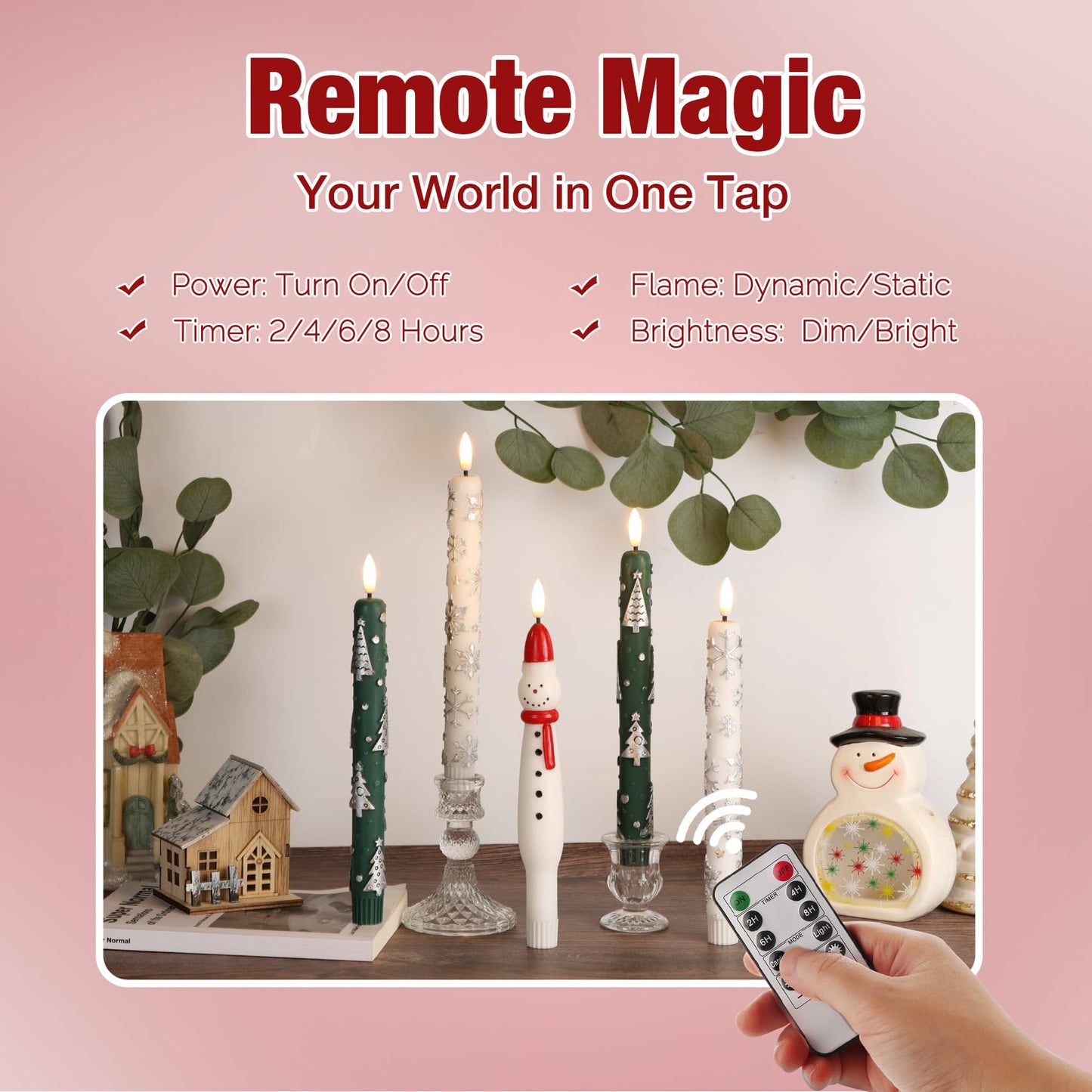 Eywamage Snowman Christmas Flameless Taper Candles with Remote, Flickering Battery LED Wax Candlesticks Set of 4