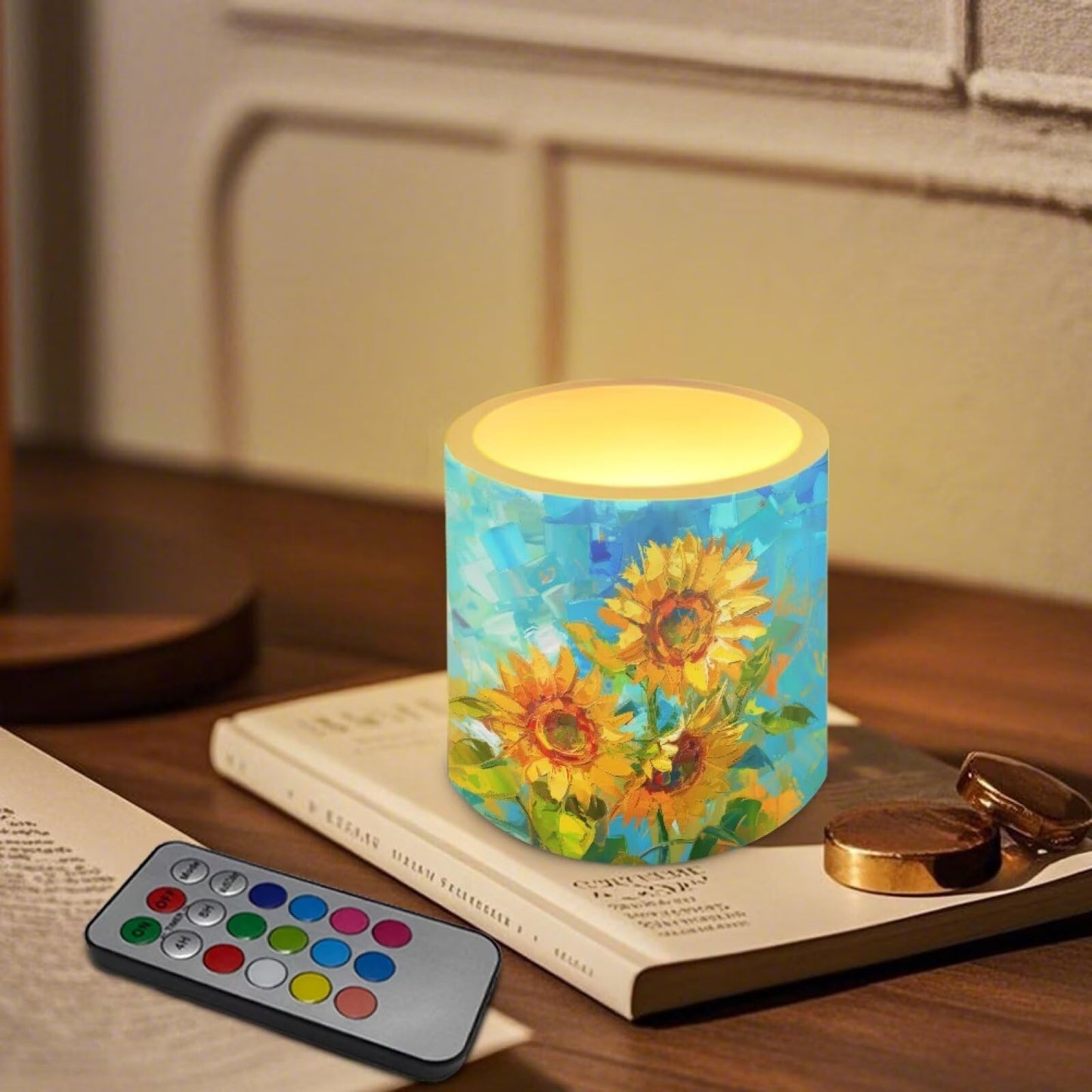 Cozeyat Sunflower Weather Resistant LED Candles 4 Pack Battery Operated Flameless Pillar Candles with Remote Control Timer for Home Patio Indoor Outdoor