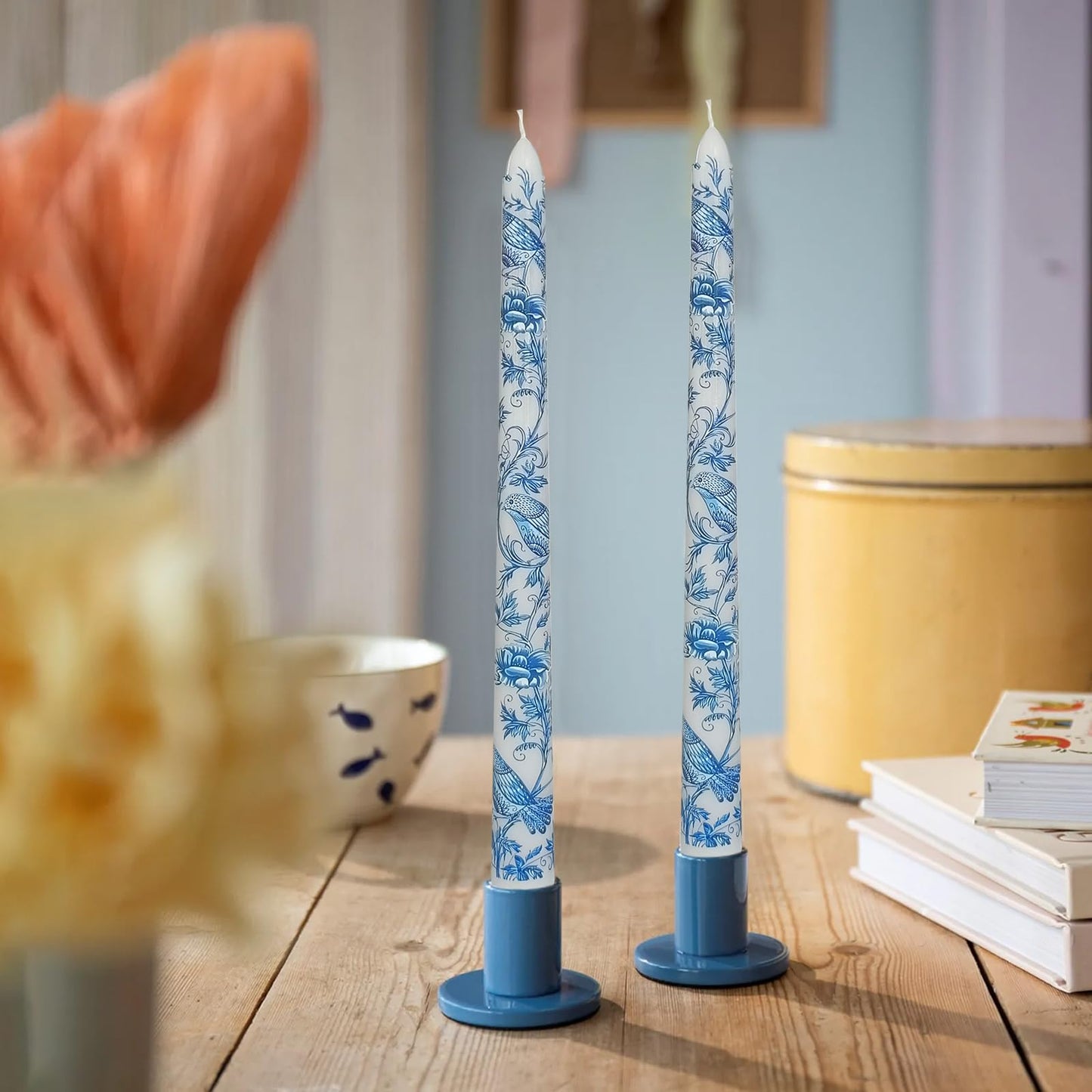 Floral Taper Candles 10 Inch Tall Unscented Handmade Blue and White Mandarin Duck Print Long Burning Elegant Candlesticks for Wedding Dinner Home Decor