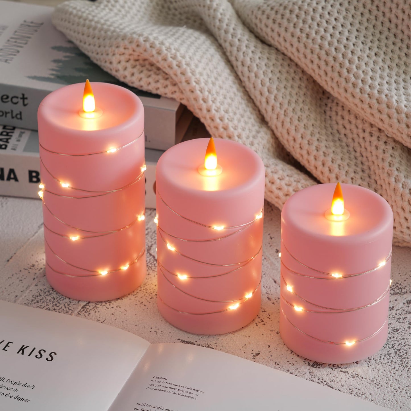 Fanzir Rose Pink Flameless Candles with String Lights Battery Operated Flickering LED Pillar Candles with Remote Control Timer, Set of 3 for Living Room, Table Décor, Christmas Weddings