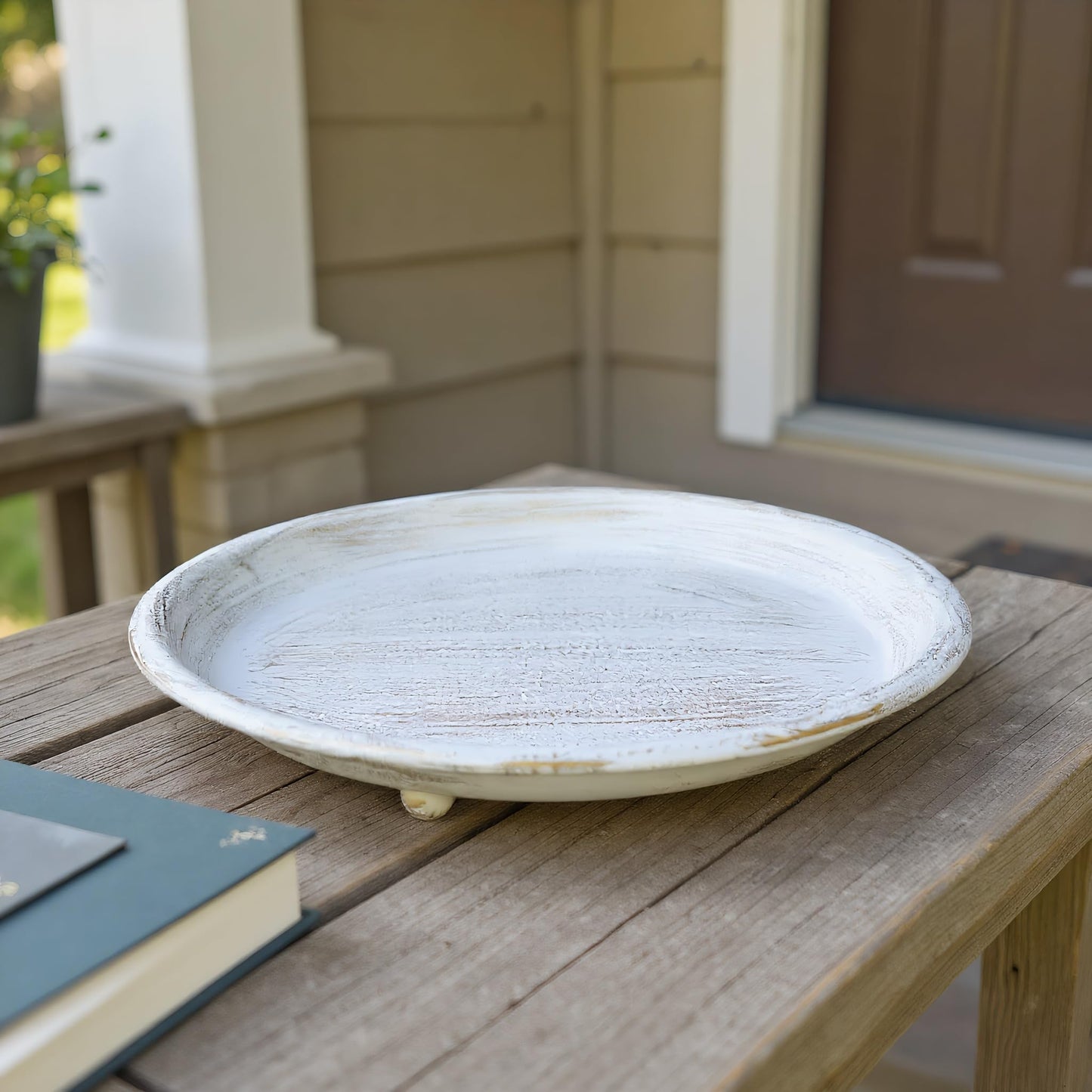 mivofo 10-inch Candle Plate Holder Tray & 30-inch Wooden Bead Garland with Tassels, Farmhouse Decorative Tray, Rustic Country Home Decor - White