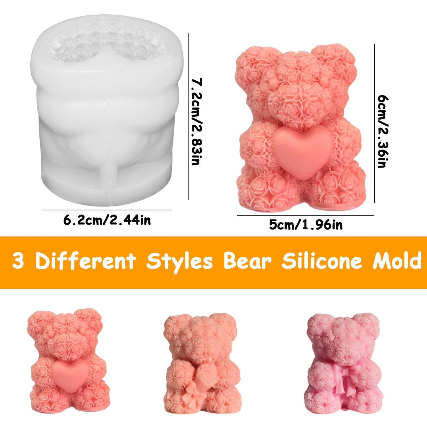 3 Pcs Silicone Fondant Mold Bowtie Rose Bear Silicone Mold 3D Cute Teddy Bear Candle Making Molds Vivid Animal Epoxy Resin Casting Mould for Home Decor