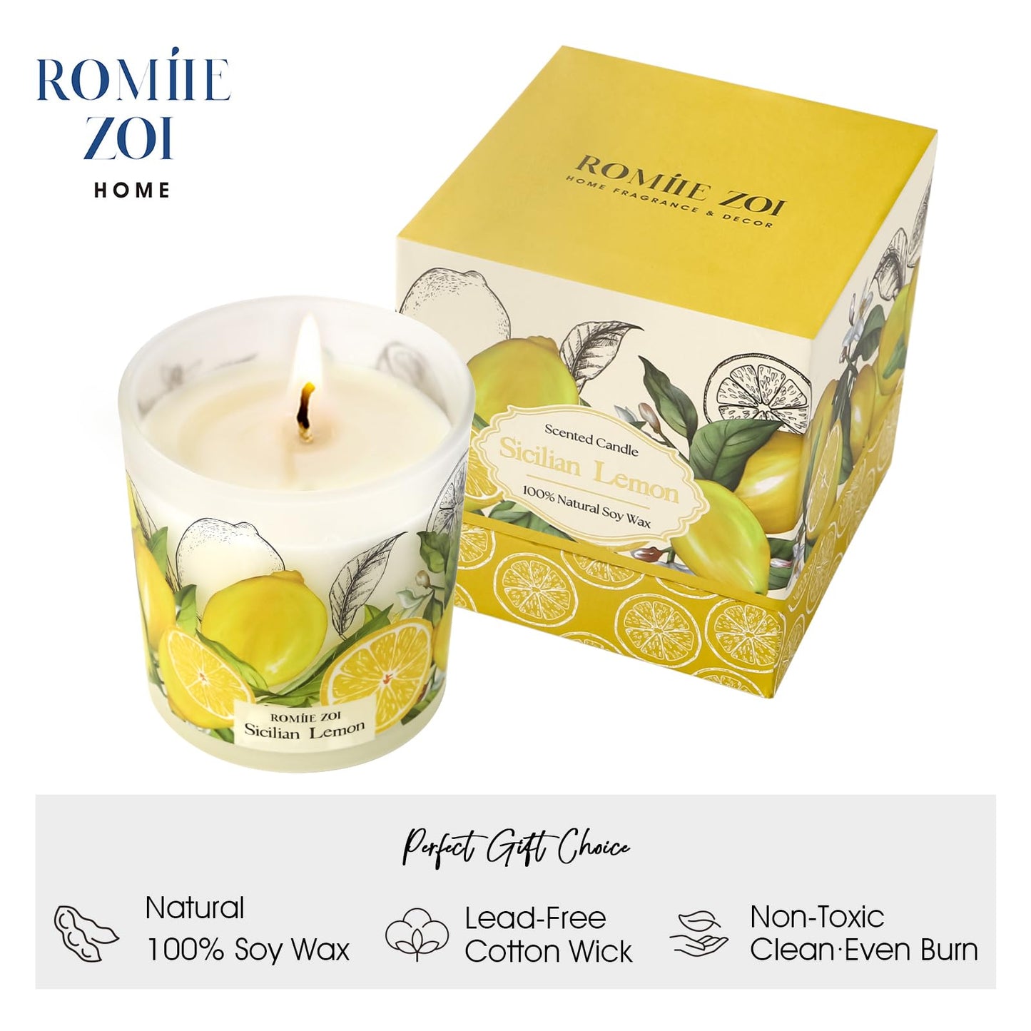 ROMIIE ZOI Scented Candle - Sicilian Lemon- 6oz Aromatherapy Soy Wax Jar Candle for Home, Gifts for Women - 170g