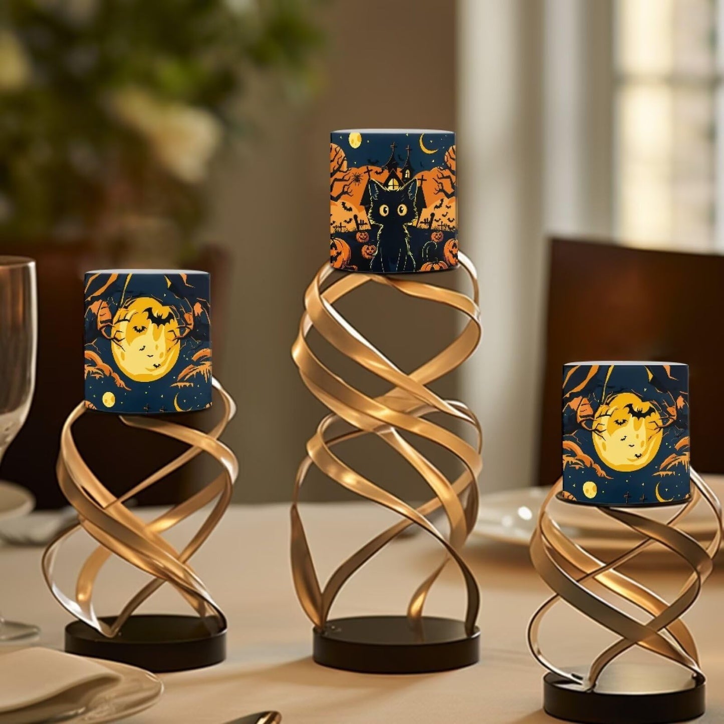 Merkmak Pack of 4 Flameless Candles Halloween Battery Operated Candles with Remote and Timer Flickering LED Elictric Pillar Tealights for Indoor Outdoor Party Decorations, Pumpkin Black Cat