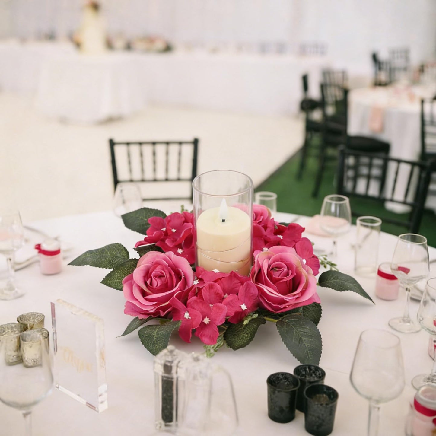 UUXX 4PCS Candle Rings for Pillars, Silk Roses Hydrangea Artificial Flowers Candle Wreaths Rings for Table Centerpieces Wedding Valentine's Day Party Decor(Hot Pink)