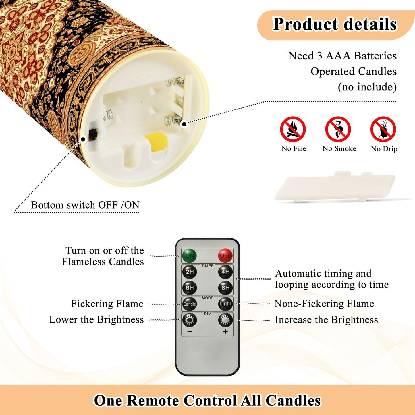 Gravopti Oriental Medallion 2 Pack Flameless LED Pillar Candles with Remote & Timer, Battery Operated, Flickering Wax Candle for Wedding, Romantic Home & Party Decor