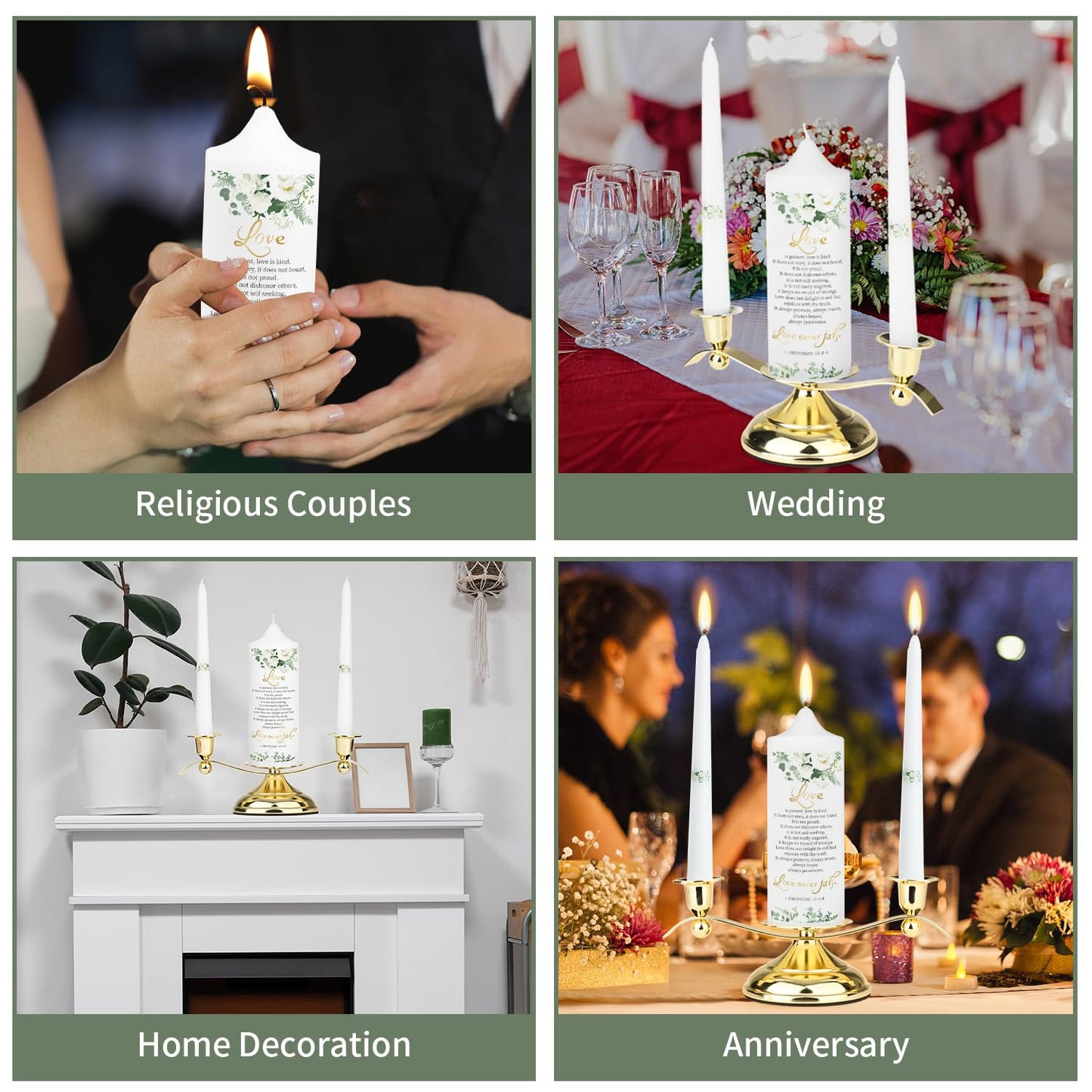 3 Unity Floral Candles for Wedding Ceremony Set with Golden Holder, Wedding Accessories for Reception