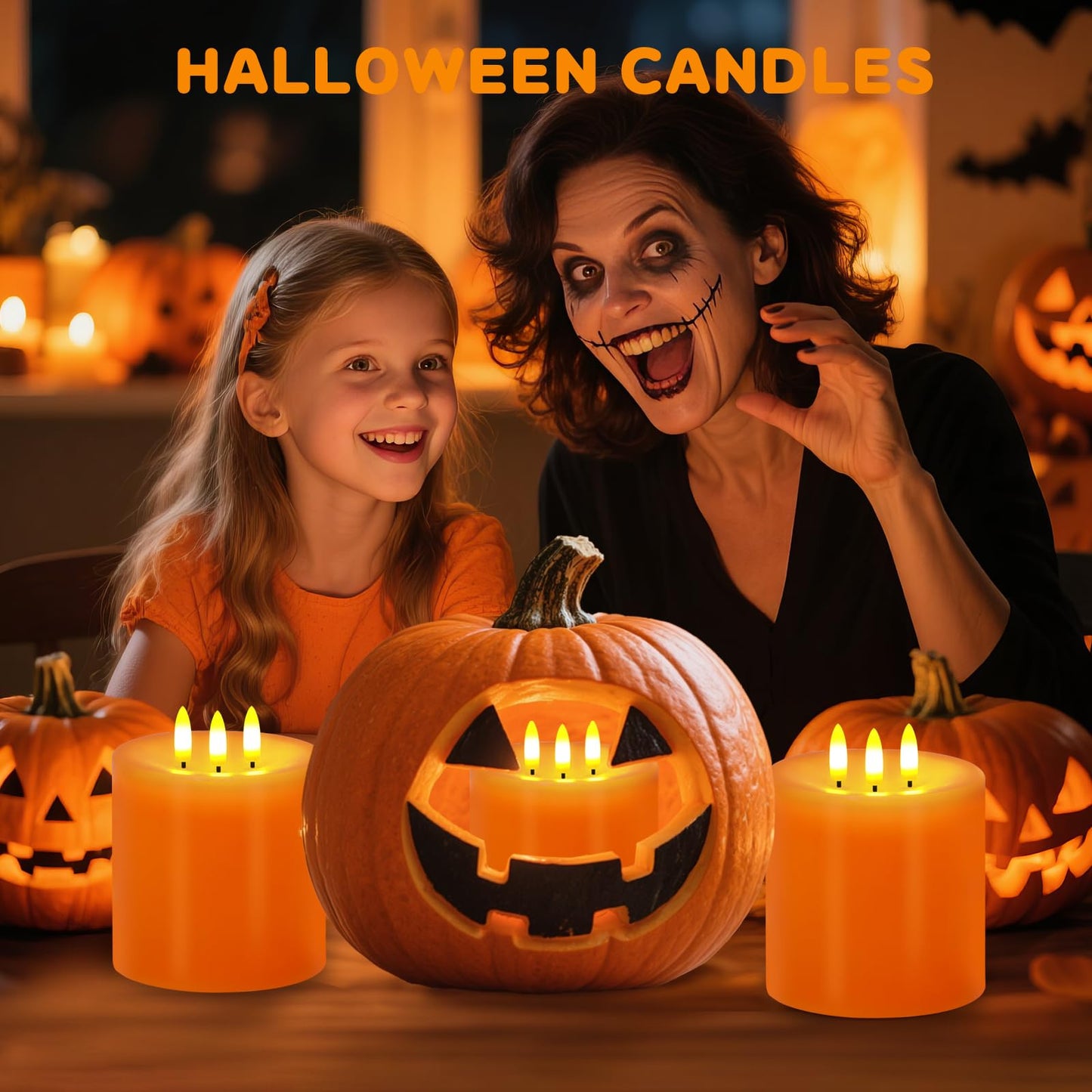 Large 3 Wick Flameless Candles Set of 2, 4"x4" Flickering LED Candles with Remote & Timer, Dimmable Real Wax Pillar Candles Battery Operated, Orange Candles for Fall Thanksgiving Halloween Decor