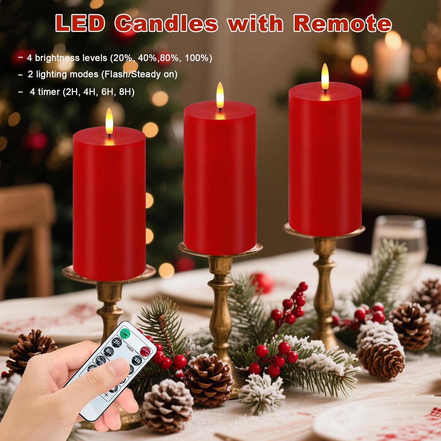VEEKI Red Flameless Candles, Set of 2 7"x3" Flickering LED Candles with Remote & Timer, Dimmable Real Wax Electric Pillar Candles Battery Operated, Candles Light for Home Christmas Decor (Red)