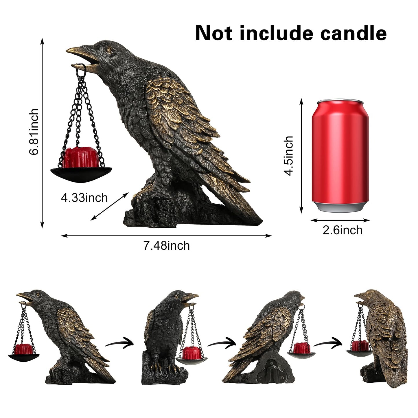 Gothic Crow Wall Art Decor Outdoor Wall Sconce Raven lamp Table Candle Holder Halloween Wall Decor for Patio Garden Bedroom Resin Tealight Statue Wearing Gold