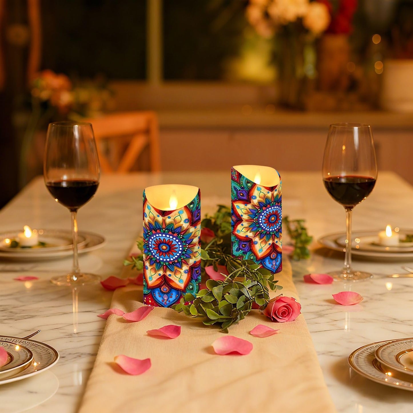 Gravopti Mandala Pattern 2 Pack Flameless LED Pillar Candles with Remote & Timer, Battery Operated, Flickering Wax Candle for Wedding, Romantic Home & Party Decor