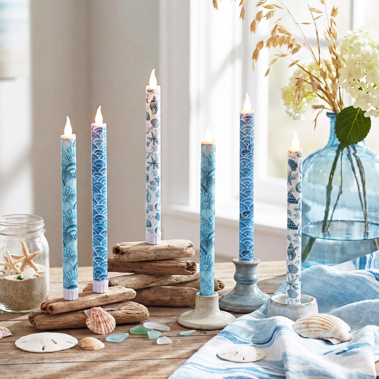 Lyrow 6 Pcs Summer Ocean Flameless Taper Candles with Beach Starfish Seashell 11 Inch LED Candles Flickering Battery Operated Candlesticks for Birthday Seaside Shower Party Summer Table Decor