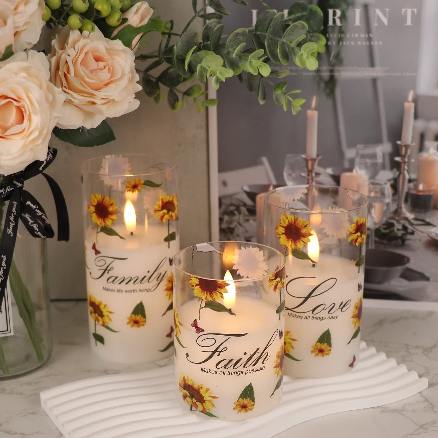 DRomance Sunflower Glass Flameless Candles with Remote Timer Battery Operated LED Pillar Candles Real Wax 3D Wick Flickering Warm Light Wedding Dinner Holiday Spring Candle 3 x 4,5,6 Inches