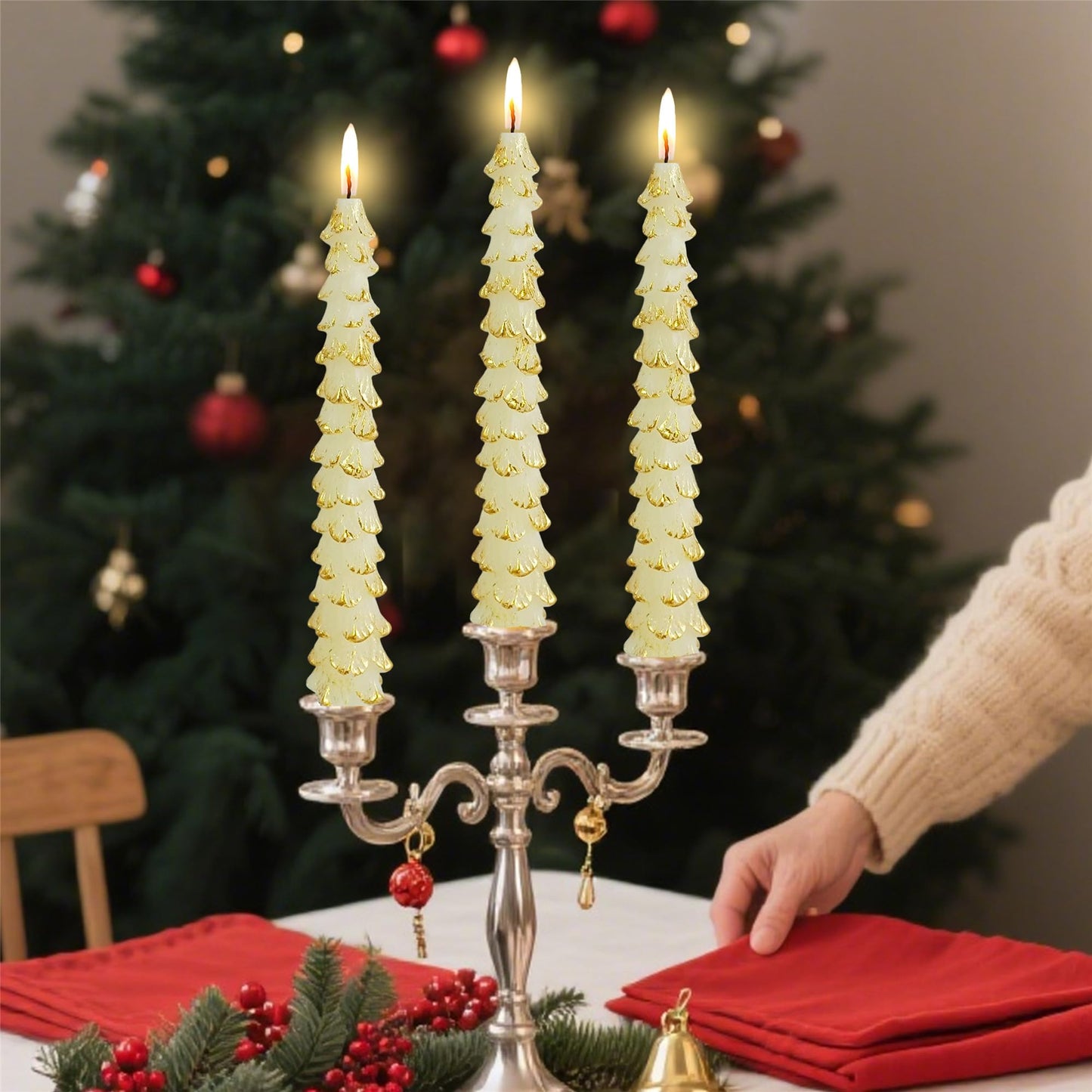 Gedengni Christmas Tree Taper Candle White Candlesticks - 10inches Unscented Tree Shaped Candles Decorative Tapered Candles for Holiday Xmas Party Dinner Table,W