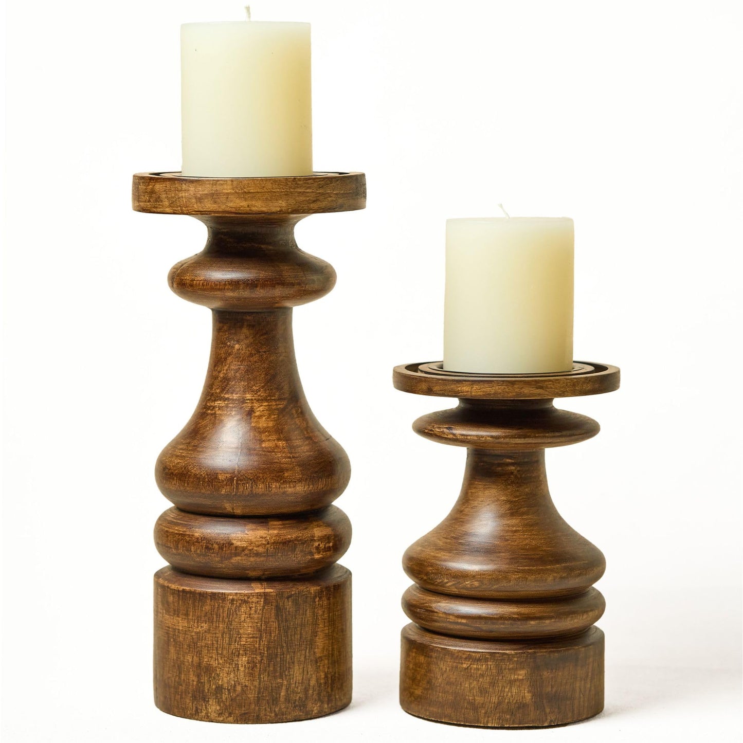 Dreamy Walls Wood Candle Holders Set of 2 Farmhouse Boho Pillar Candle Stands with Glass Covers Handmade Wooden Table Centerpiece Decor (Gift Box - with 2 Candles)