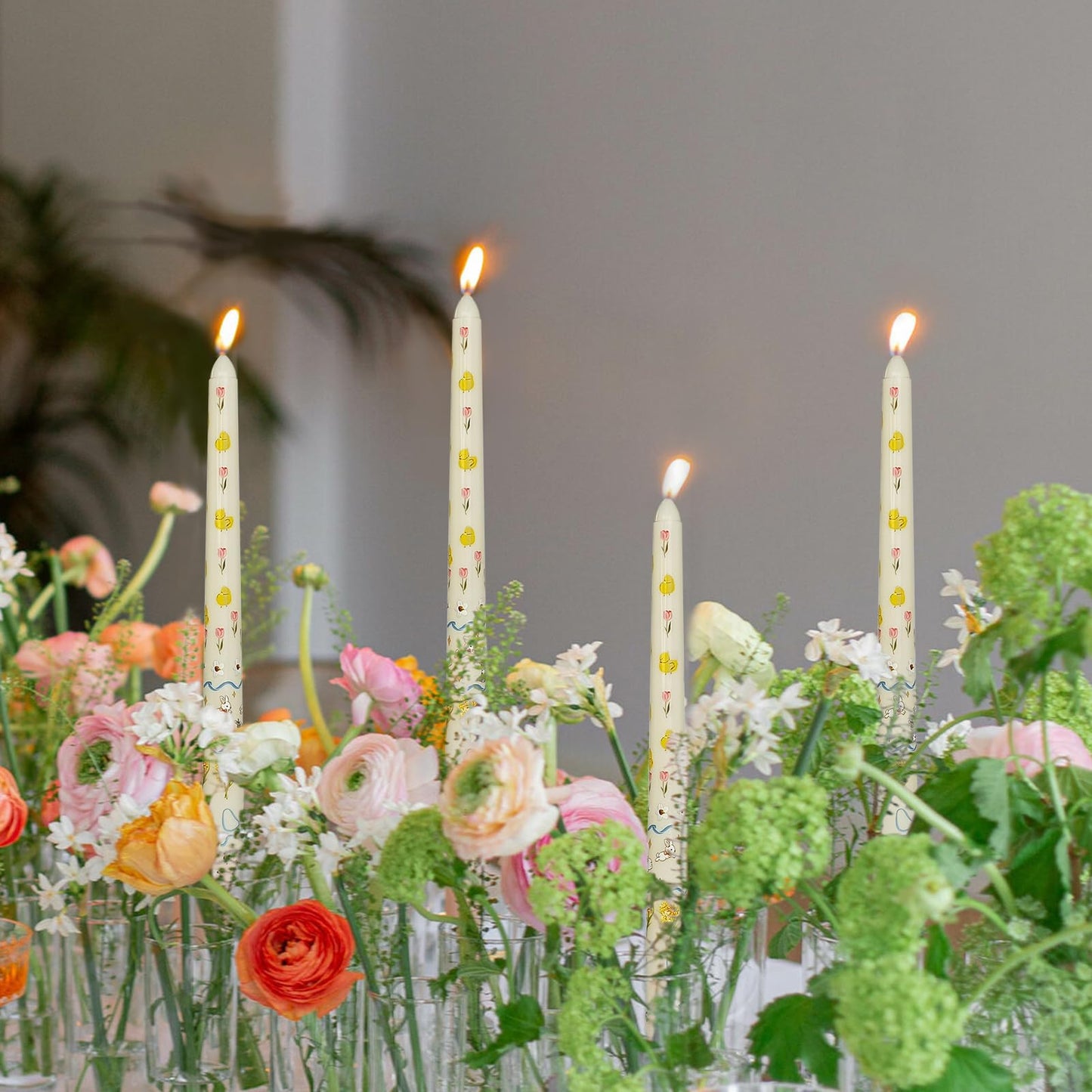 Floral Taper Candles 10 Inch Tall Unscented Handmade Beige Rabbit Print Long Burning Elegant Candlesticks for Wedding Dinner Home Decor