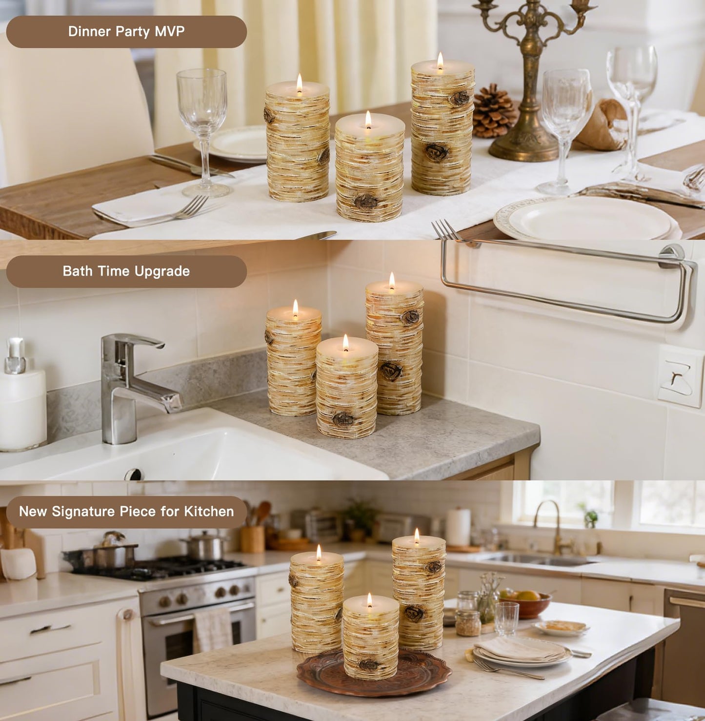 Birch Bark Texture Pillar Candles Set - Real Wax 3 Sizes (4", 5", 6" Tall) Rustic Decor Fireplace Candles, Unscented Woodland Style Pillar Candle for Modern Farmhouse, Dining Table, Holiday Decor