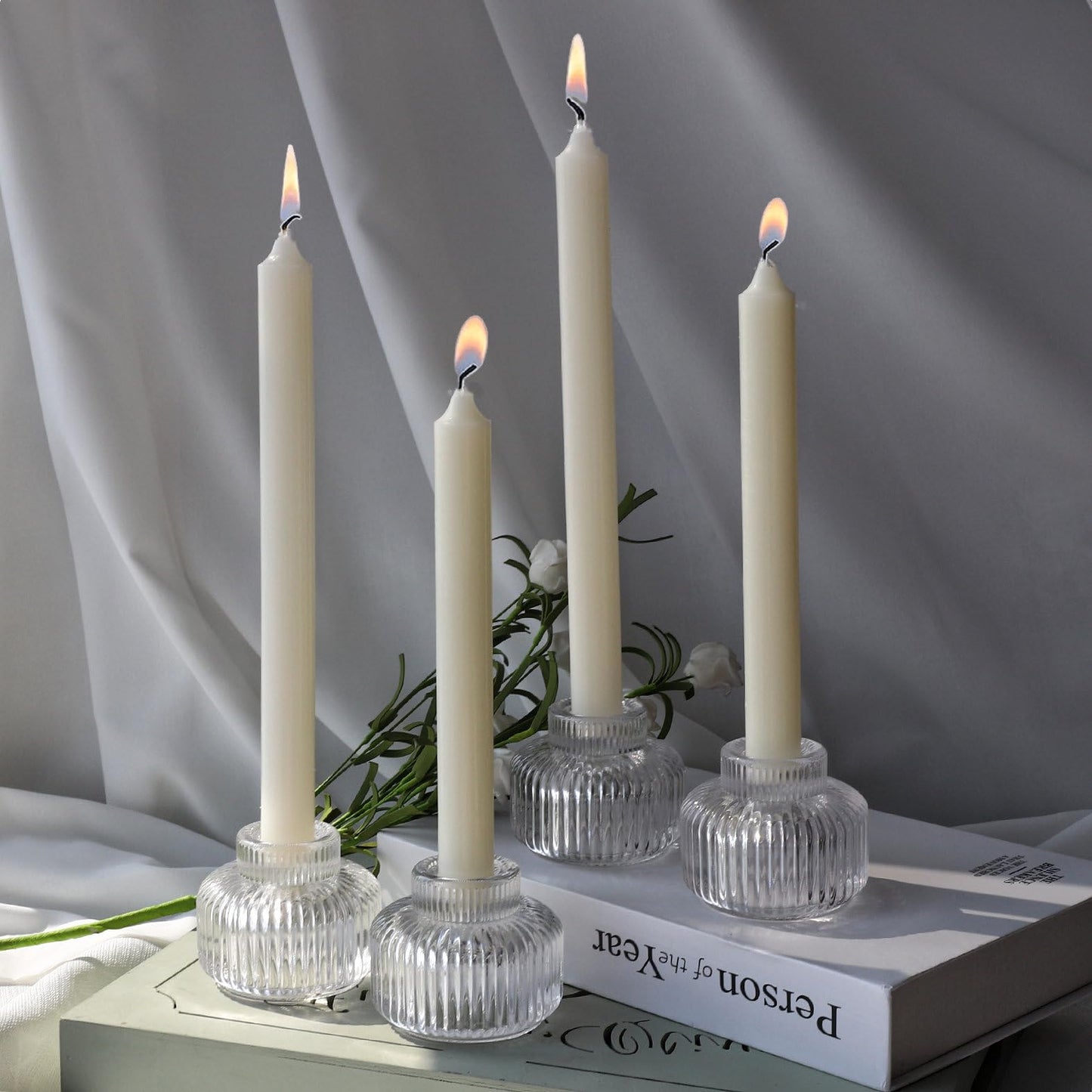 Woho Candle Stick Candle Holder Set of 4, Clear Taper Candle Holders for Wedding Table Centerpiece, Ribbed Glass Votive Candle Holders for Christmas Party Home Decor