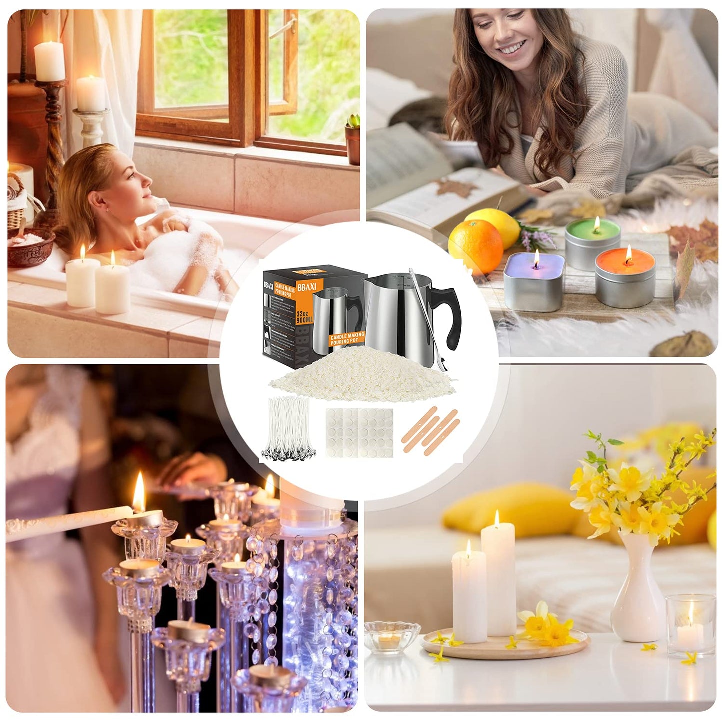 BBAXI Candle Making Kit - 32oz Pouring Pot, 16oz Soy Wax, Wooden Wick Holders, Candle Wicks, Stickers and Spoon