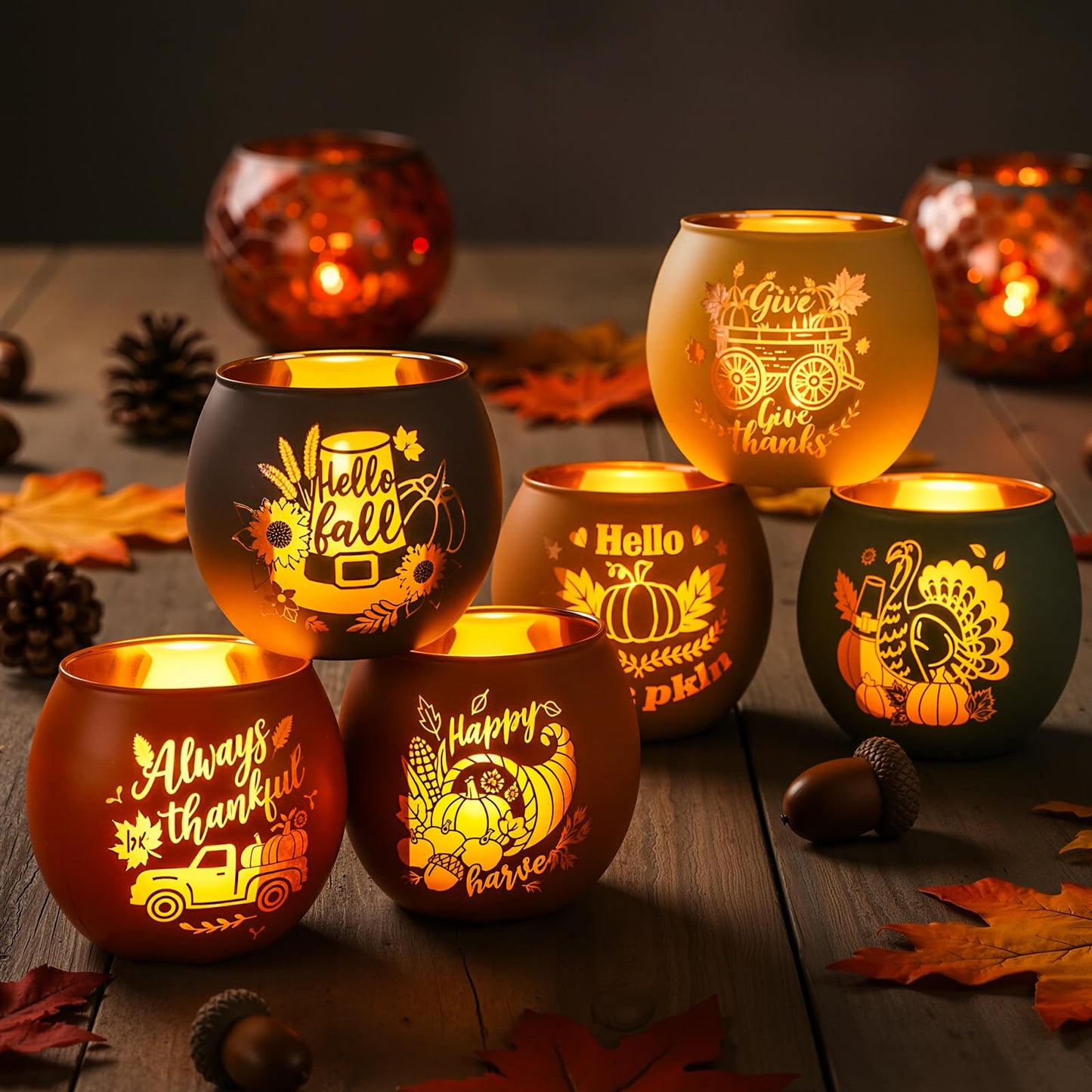 VIHOSE 6 Set Thanksgiving Votive Candle Holders with 6 LED Battery Operated Candles Fall Glass Tealight Holders Fall Table Decorations for Home Table Centerpiece Decor Gifts