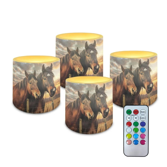 NETILGEN Animal Horse Print 4 Packs Decorative Flameless Candles 3 inch LED Pillar Candles with Remote Timer Control Battery Operated Color Changing Candles