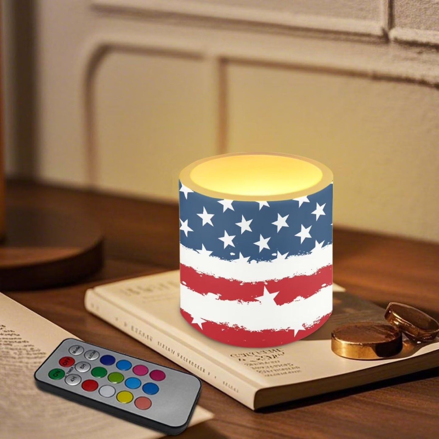 NETILGEN Novelty American Flag Theme 4 Pieces Flameless Candles with Remote Timer Battery Operated LED Flickering Candles for July 4th Patrotic Independence Day Decor