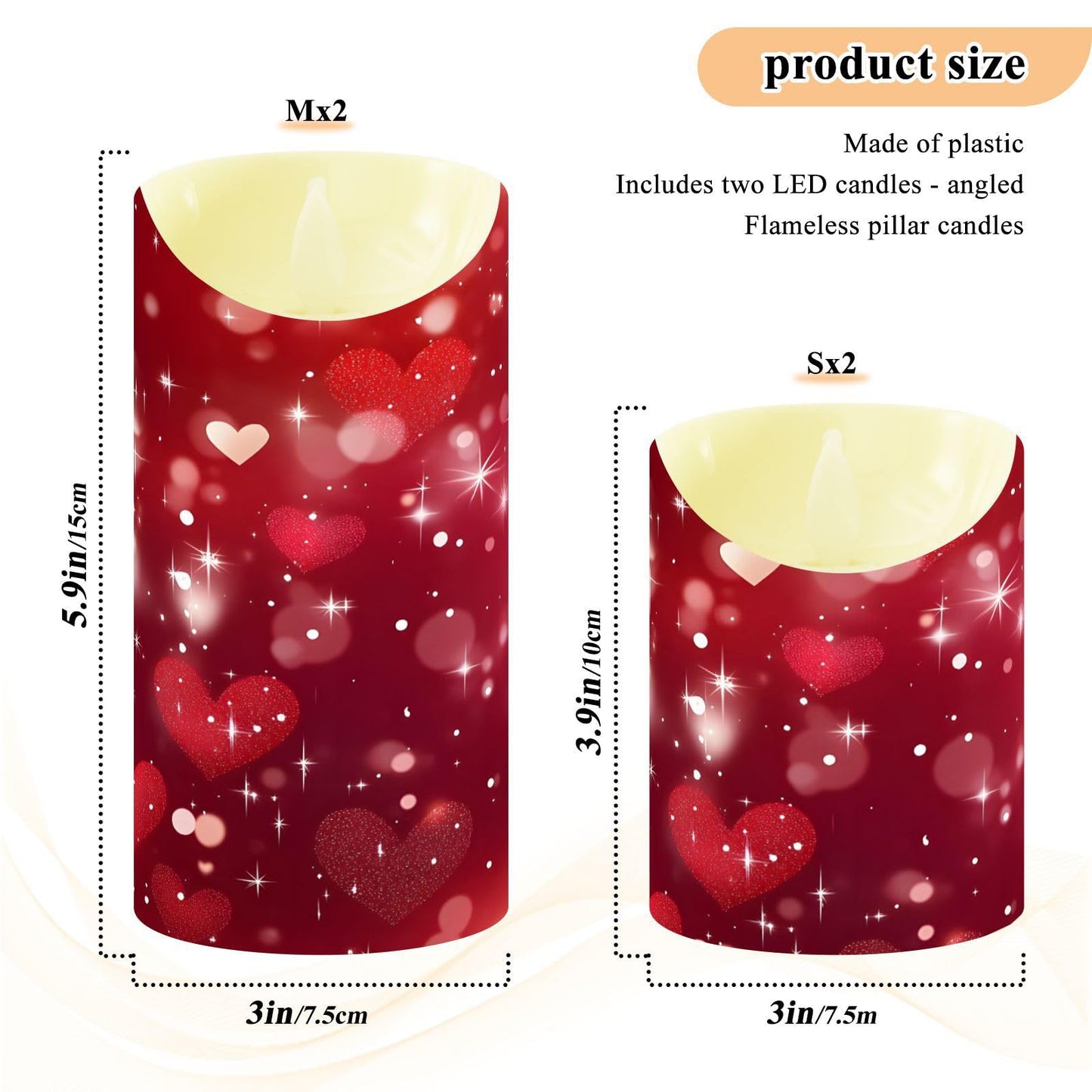 Valentines Flameless Candles Set of 2 Red Hearts Pattern Realistic LED Candles with Remote Battery Operated Holiday Decorations
