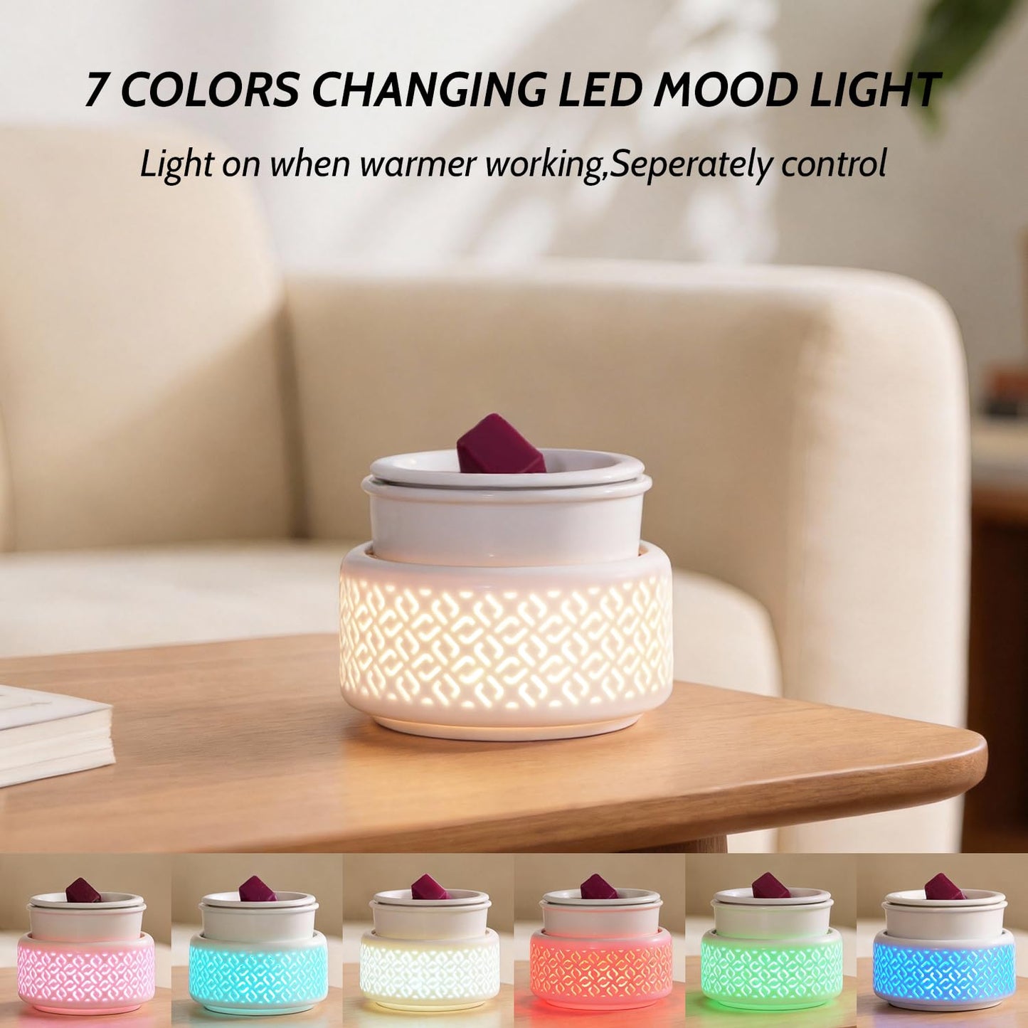 Ceramic Candle Warmer and Wax Melt Warmer with 7 Colors LED Night Light and 1 PC Silicone Liner,4-in-1 Electric Warmer for Jar Candle Wax Cube Essential Oil Coffee, Ideal Gift for Home Office Kitchen