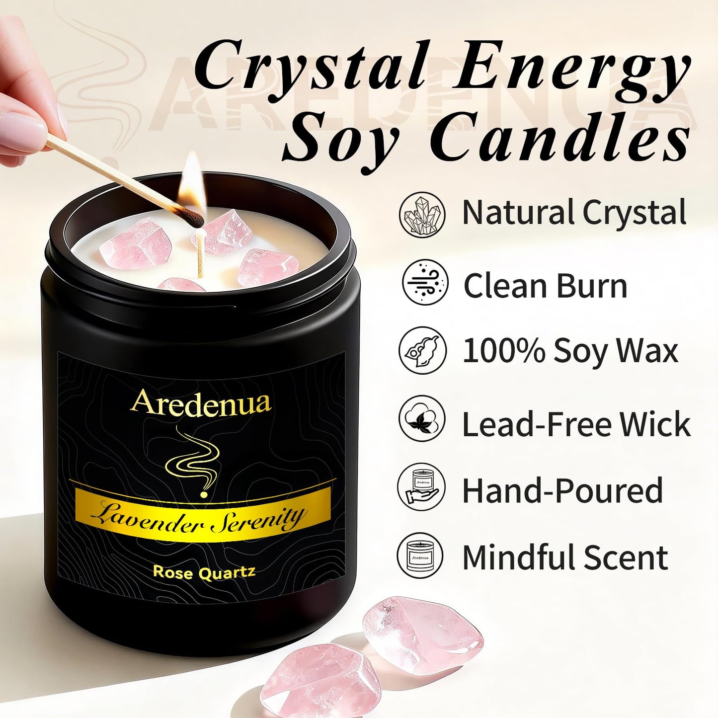 Aredenua Lavender Candle for Sleep and Stress Relief, Rose Quartz Crystal Healing Candle with Natural Soy Wax, Scented Candle for Relaxation, 7oz Long Lasting 50 Hours, Calming Gifts for Women Men