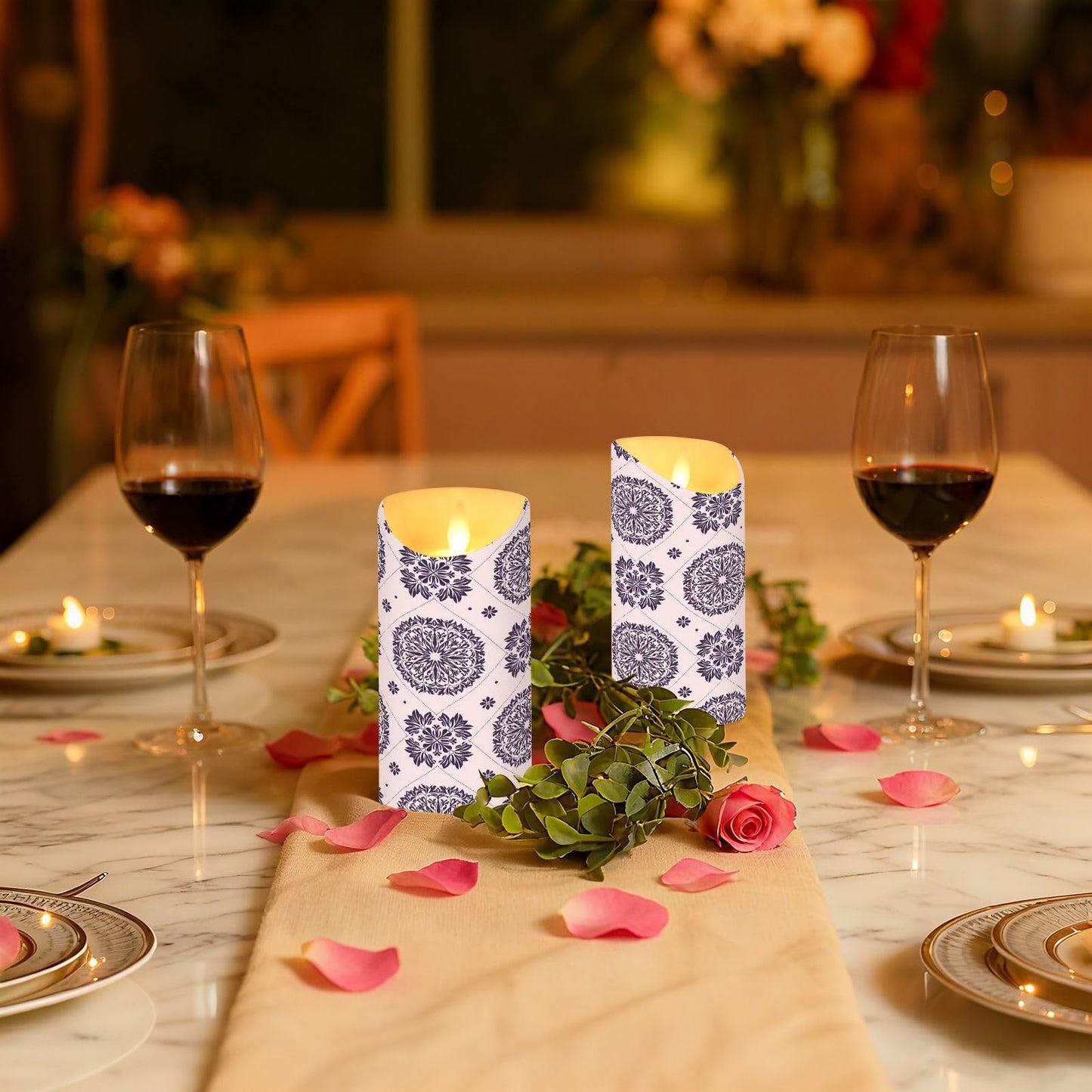 Gravopti Mandala Tile 2 Pack Flameless LED Pillar Candles with Remote & Timer, Battery Operated, Flickering Wax Candle for Wedding, Romantic Home & Party Decor