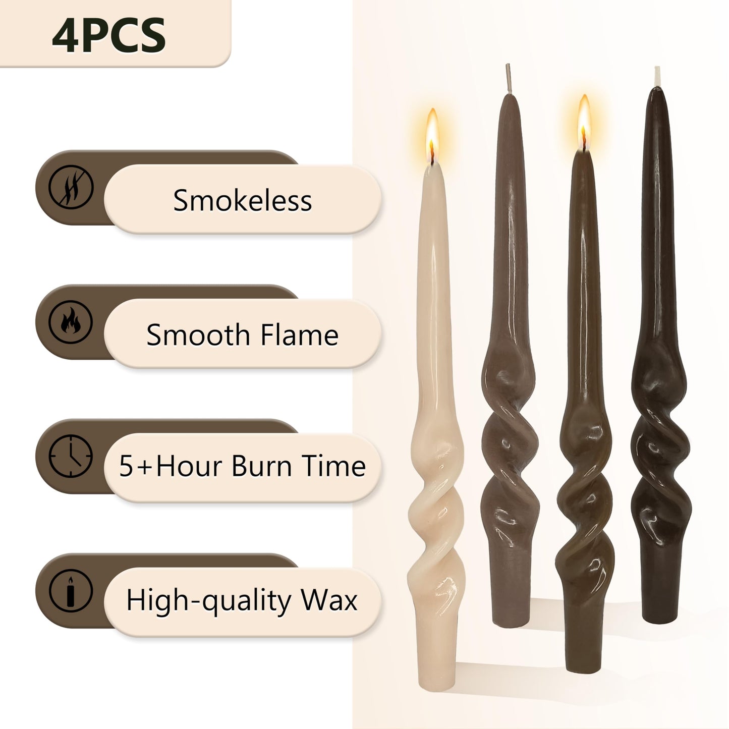 Gradient Coffee Spiral Taper Candles 10 Inch Thin Twisted Candlestick Unscented Candle Stick Smokeless Candle Gradient Tapered Candlesticks for Dinner Wedding Hygge Home Decor Holiday Relaxation